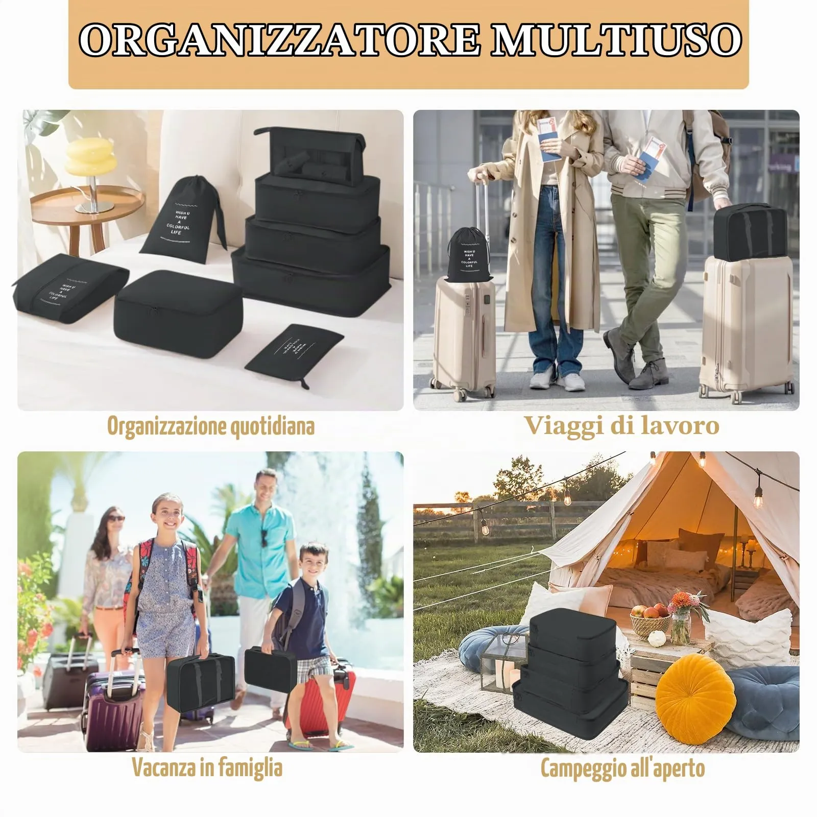 YAMAIDUO Organizer Valigia, 9 Pezzi Packing Cubes, Organizer Viaggio Salvaspazio, Travel Kit per Vacanze e Viaggi, Viaggio Accessori Utili per Cosmetici Abbigliamento Intimo Vestiti Borse, Nero - immagine 7