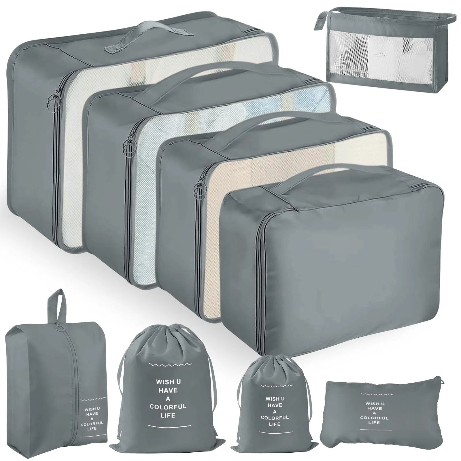 YAMAIDUO Organizer Valigia, 9 Pezzi Packing Cubes, Organizer Viaggio Salvaspazio, Travel Kit per Vacanze e Viaggi, Viaggio Accessori Utili per Cosmetici Abbigliamento Intimo Vestiti Borse, Grigio - immagine 1