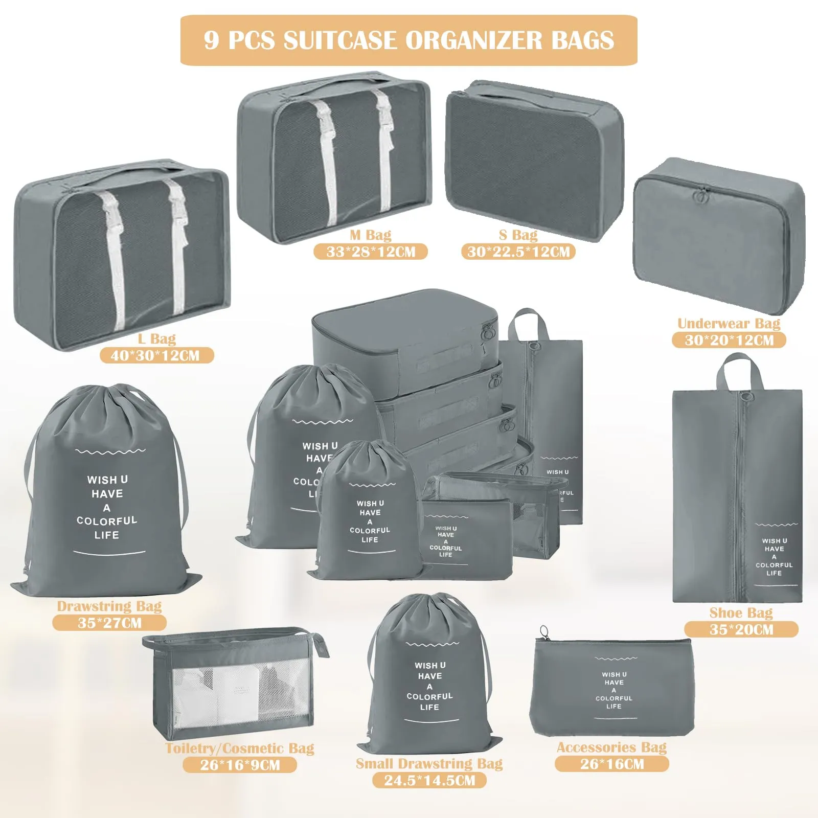 YAMAIDUO Organizer Valigia, 9 Pezzi Packing Cubes, Organizer Viaggio Salvaspazio, Travel Kit per Vacanze e Viaggi, Viaggio Accessori Utili per Cosmetici Abbigliamento Intimo Vestiti Borse, Grigio - immagine 2