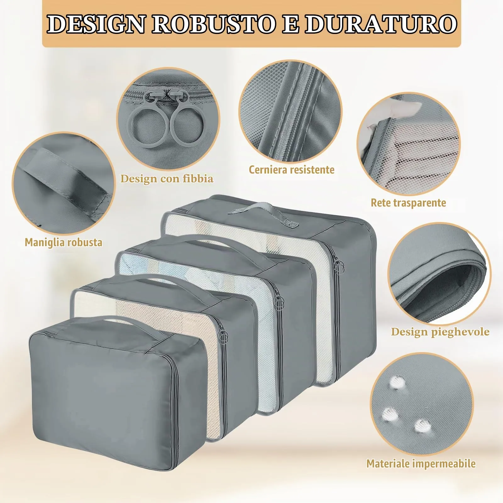 YAMAIDUO Organizer Valigia, 9 Pezzi Packing Cubes, Organizer Viaggio Salvaspazio, Travel Kit per Vacanze e Viaggi, Viaggio Accessori Utili per Cosmetici Abbigliamento Intimo Vestiti Borse, Grigio - immagine 3