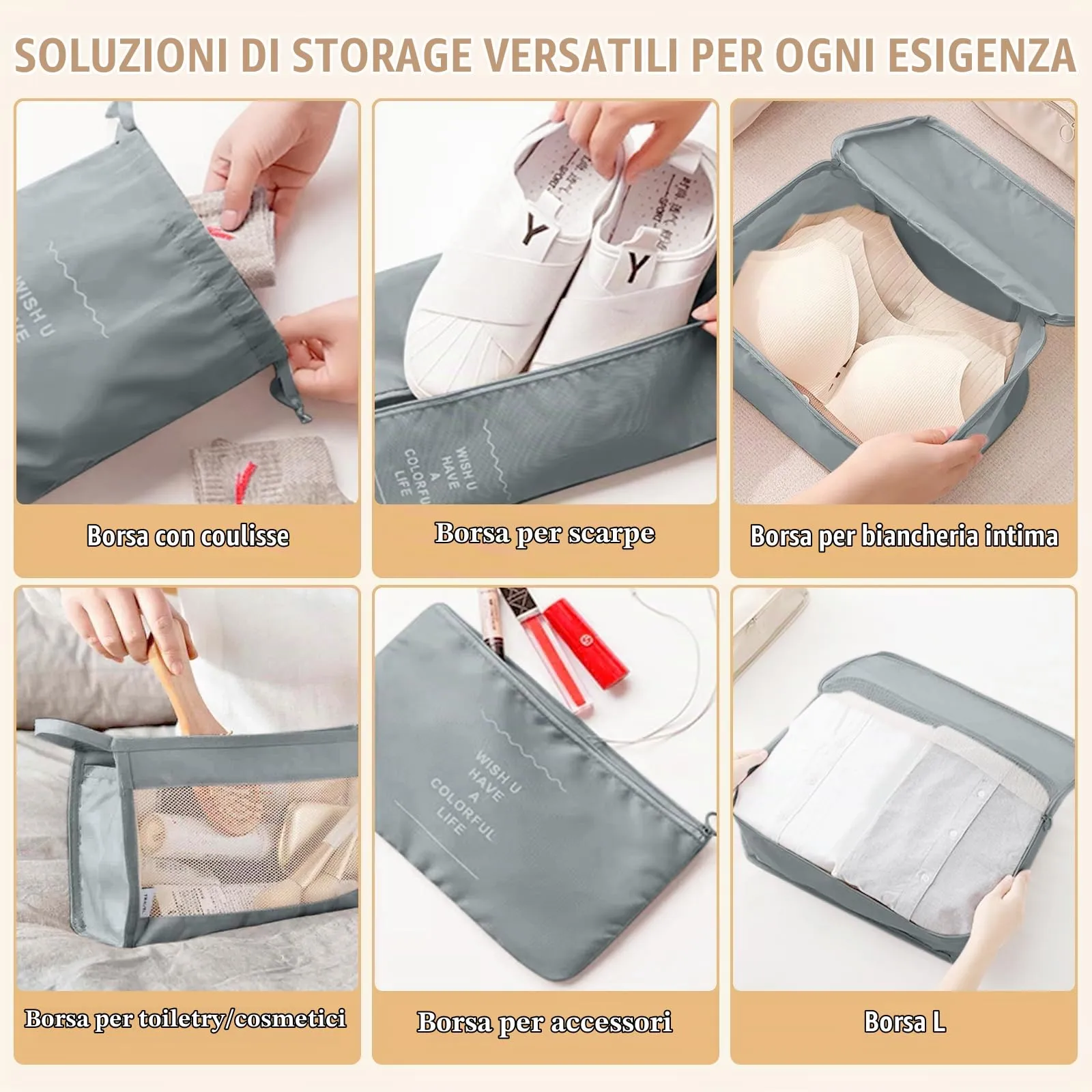 YAMAIDUO Organizer Valigia, 9 Pezzi Packing Cubes, Organizer Viaggio Salvaspazio, Travel Kit per Vacanze e Viaggi, Viaggio Accessori Utili per Cosmetici Abbigliamento Intimo Vestiti Borse, Grigio - immagine 4