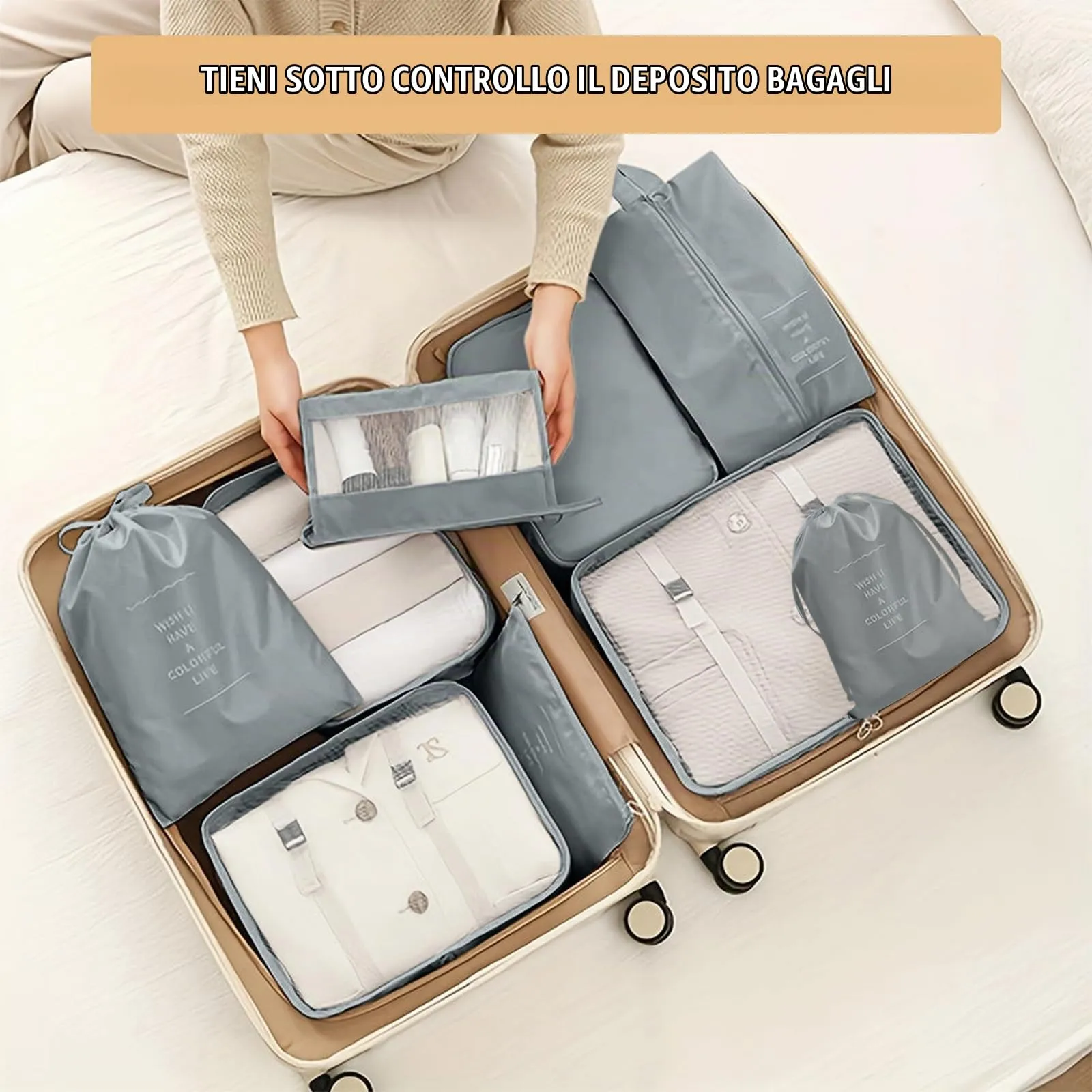 YAMAIDUO Organizer Valigia, 9 Pezzi Packing Cubes, Organizer Viaggio Salvaspazio, Travel Kit per Vacanze e Viaggi, Viaggio Accessori Utili per Cosmetici Abbigliamento Intimo Vestiti Borse, Grigio - immagine 5