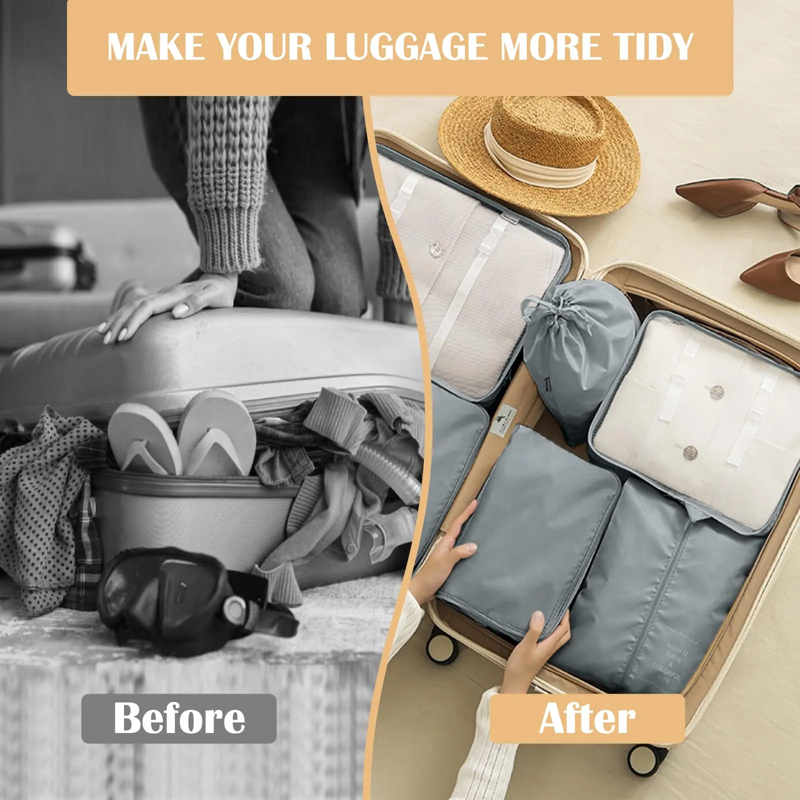 YAMAIDUO Organizer Valigia, 9 Pezzi Packing Cubes, Organizer Viaggio Salvaspazio, Travel Kit per Vacanze e Viaggi, Viaggio Accessori Utili per Cosmetici Abbigliamento Intimo Vestiti Borse, Grigio - immagine 6