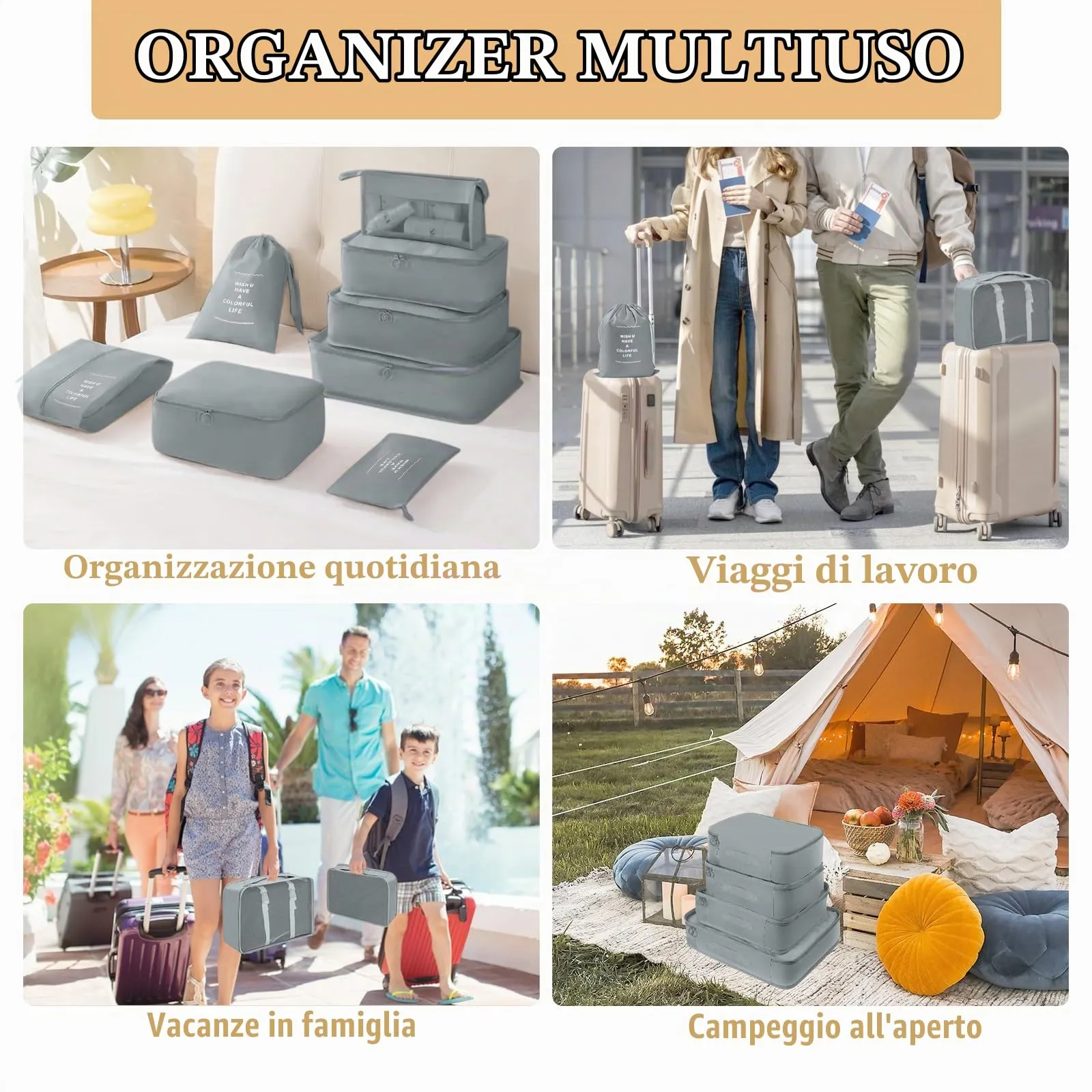 YAMAIDUO Organizer Valigia, 9 Pezzi Packing Cubes, Organizer Viaggio Salvaspazio, Travel Kit per Vacanze e Viaggi, Viaggio Accessori Utili per Cosmetici Abbigliamento Intimo Vestiti Borse, Grigio - immagine 7