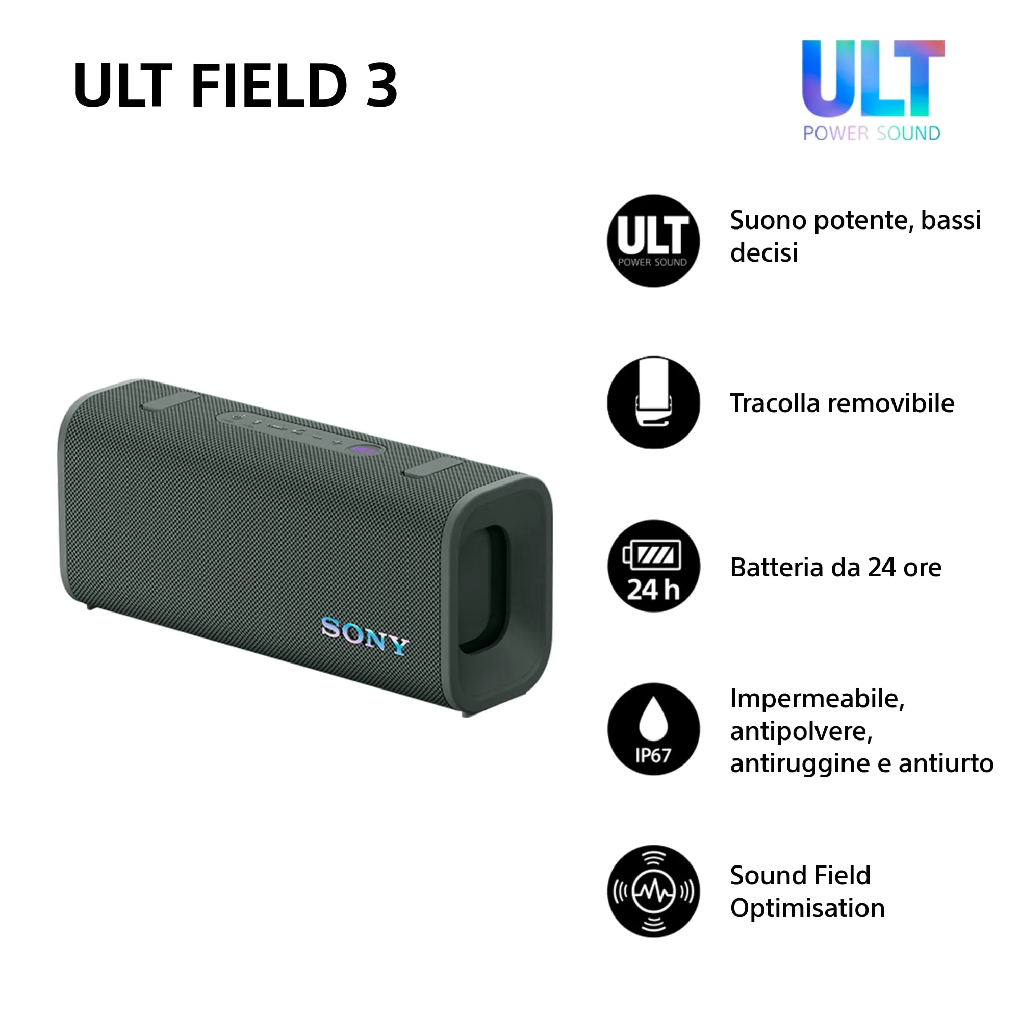 Sony ULT FIELD 3 - Speaker Bluetooth portatile con ULT POWER SOUND, batteria 24 ore, IP67, impermeabile, antipolvere, antiurto, tracolla staccabile, compatto - Blanco Marfil, Foresta Grigia - immagine 2