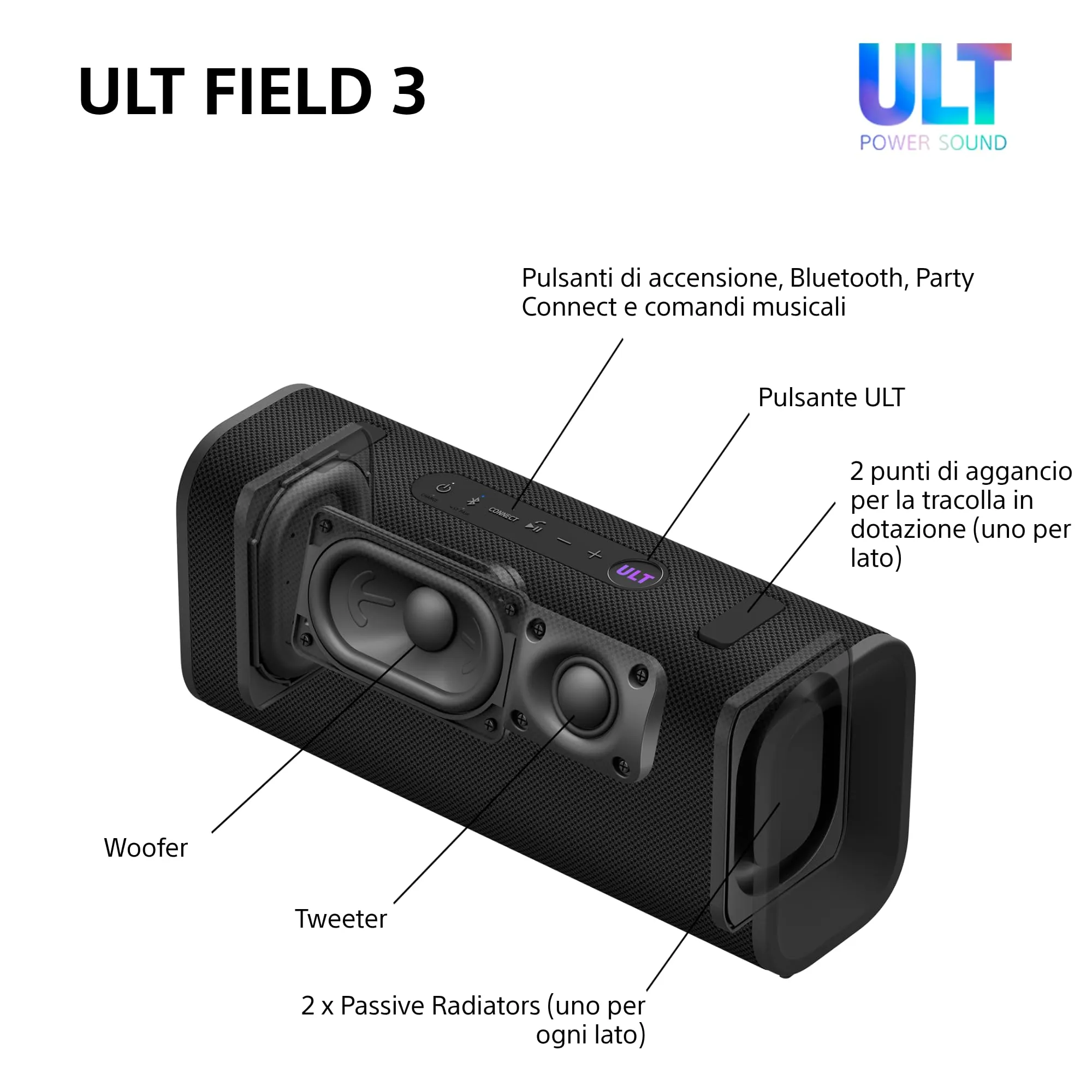 Sony ULT FIELD 3 - Speaker Bluetooth portatile con ULT POWER SOUND, batteria 24 ore, IP67, impermeabile, antipolvere, antiurto, tracolla staccabile, compatto - Blanco Marfil, Foresta Grigia - immagine 11