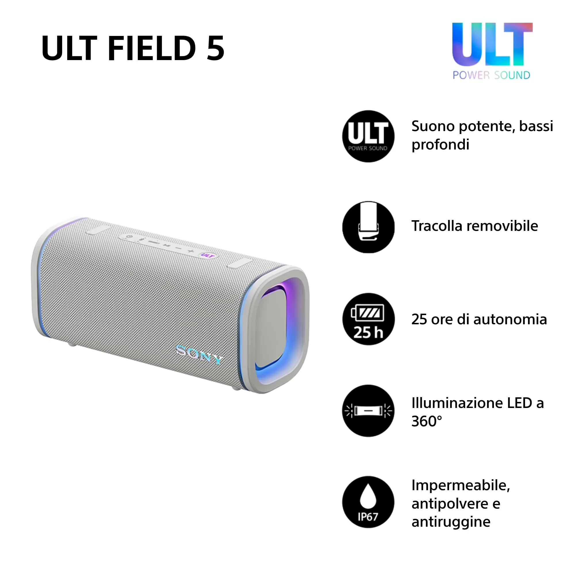 Sony ULT FIELD 5 - Potente speaker portatile Bluetooth, batteria da 25 ore, 2 modalità ULT POWER SOUND, IP67, impermeabile, antipolvere, 360 luci, tracolla staccabile, compatto - Blanco Marfil - immagine 2