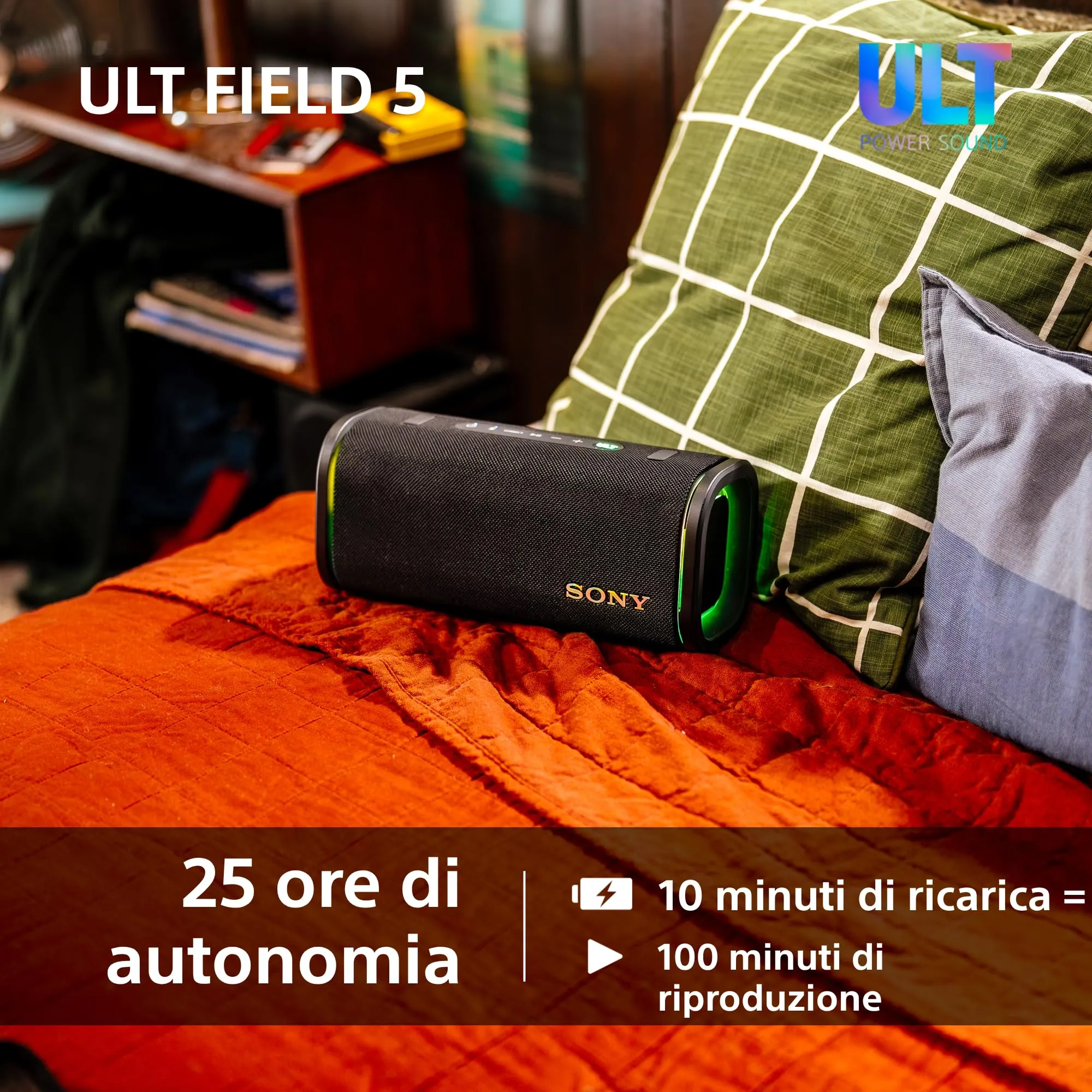 Sony ULT FIELD 5 - Potente speaker portatile Bluetooth, batteria da 25 ore, 2 modalità ULT POWER SOUND, IP67, impermeabile, antipolvere, 360 luci, tracolla staccabile, compatto - Blanco Marfil - immagine 6