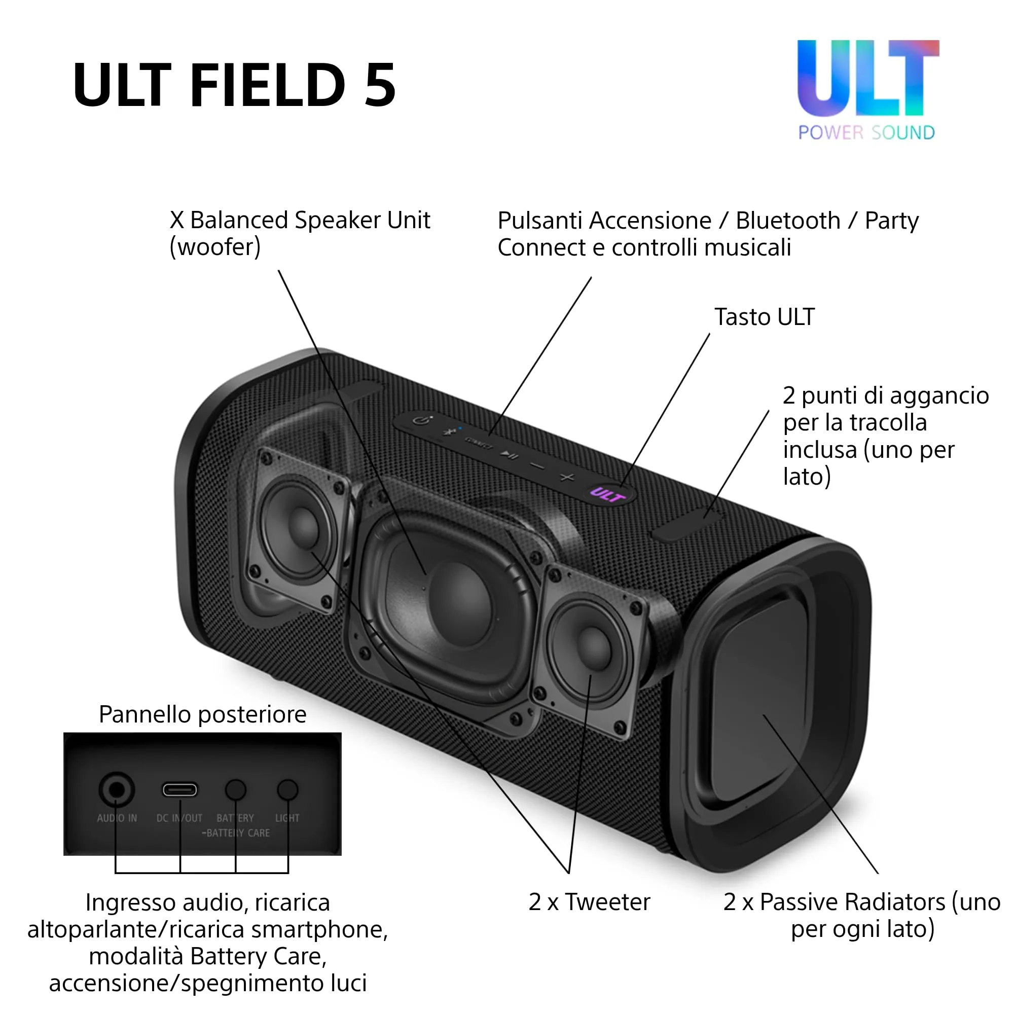Sony ULT FIELD 5 - Potente speaker portatile Bluetooth, batteria da 25 ore, 2 modalità ULT POWER SOUND, IP67, impermeabile, antipolvere, 360 luci, tracolla staccabile, compatto - Blanco Marfil - immagine 11