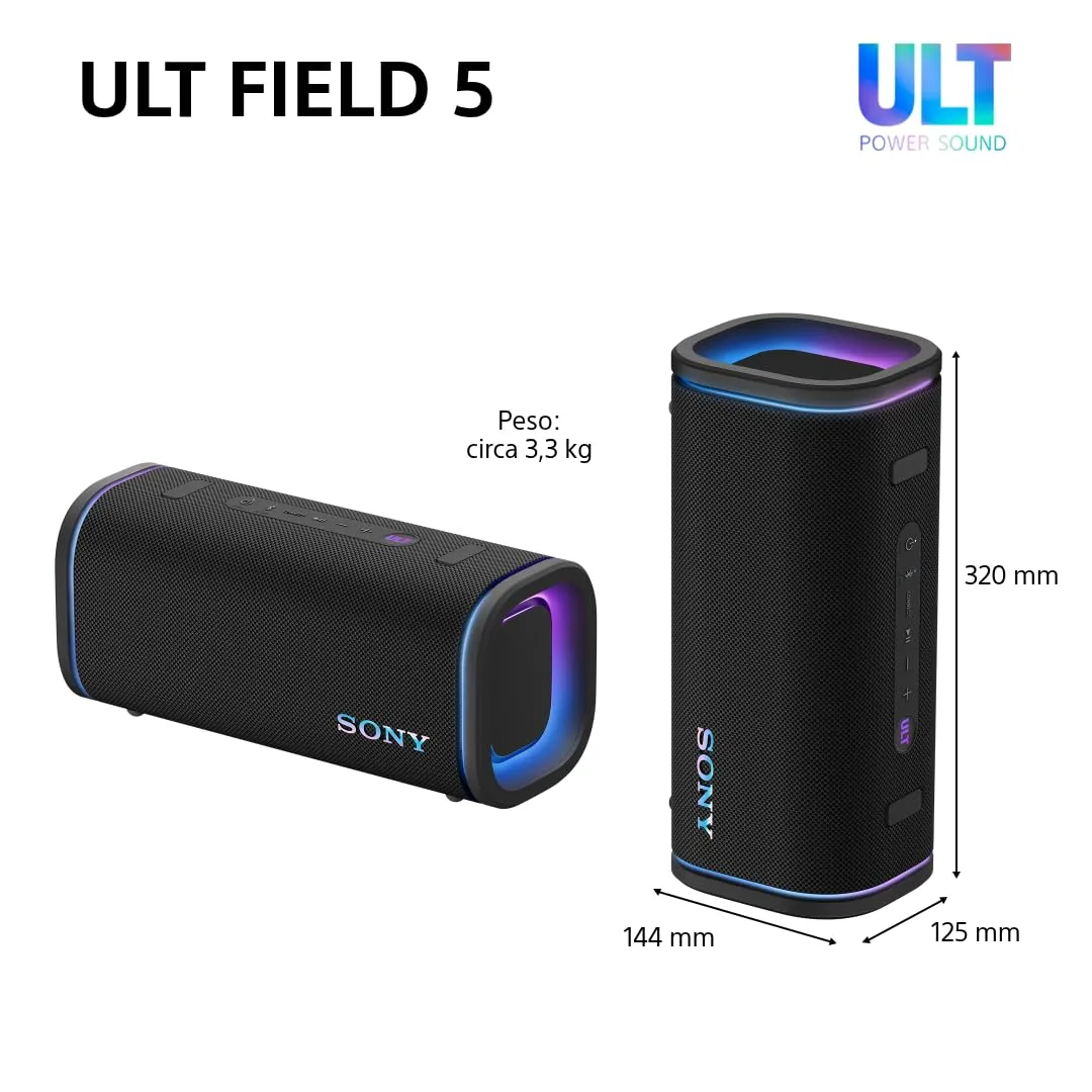Sony ULT FIELD 5 - Potente speaker portatile Bluetooth, batteria da 25 ore, 2 modalità ULT POWER SOUND, IP67, impermeabile, antipolvere, 360 luci, tracolla staccabile, compatto - Blanco Marfil - immagine 12