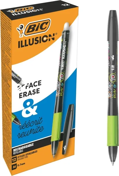 Bic Illusions Boligrafo Borrable - Punta Media de 0.7mm - Grip de Goma - Recargable - Color Negro - immagine 1