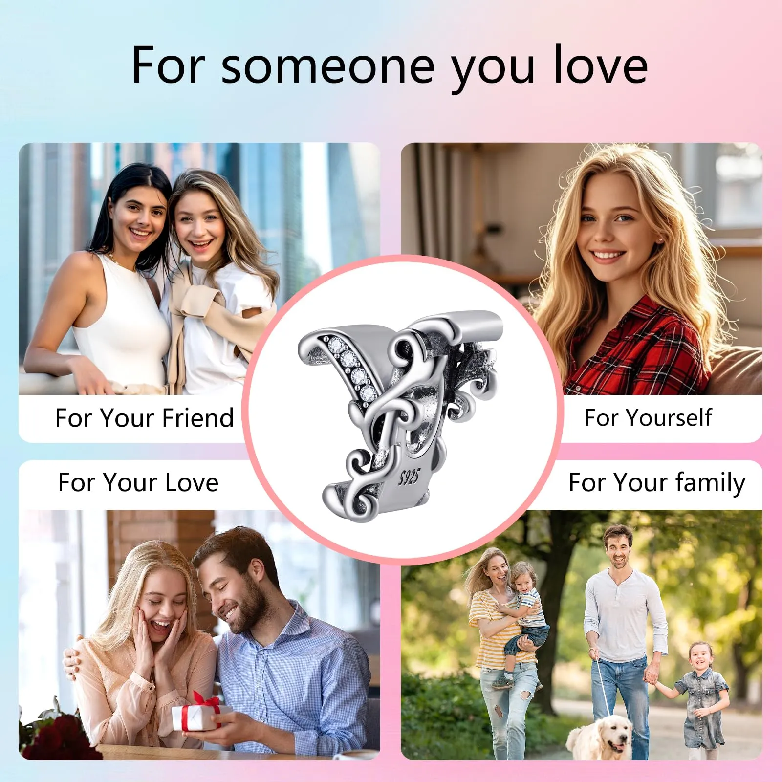 XWN Lettera Bead Charm Ciondolo Alfabeto Argento Sterling 925 con Cubic Zirconia Pendenti per Pandora Braccialetti, Compatibile con Braccialetti e Collane europei - immagine 6