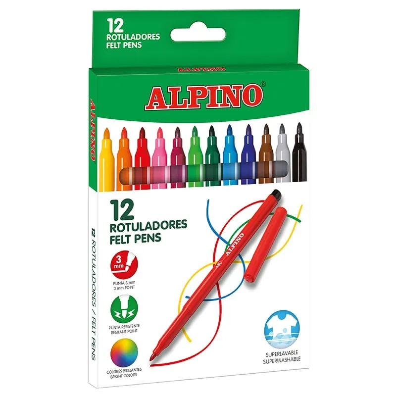 Alpino Confezione da 12 Pennarelli Scuola - Punta Fine 3mm - Superlavabili e Lucidi - Ideali per Creatività e Bricolage - Colori Assortiti - immagine 1