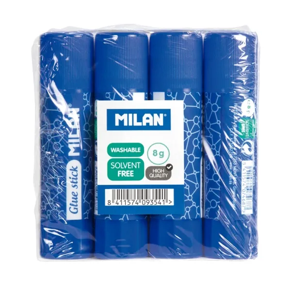 Confezione da 4 stick di colla Milan da 8 g - Multiuso - Multisuperficie - Senza solventi - Per uso scolastico - Blu - immagine 1