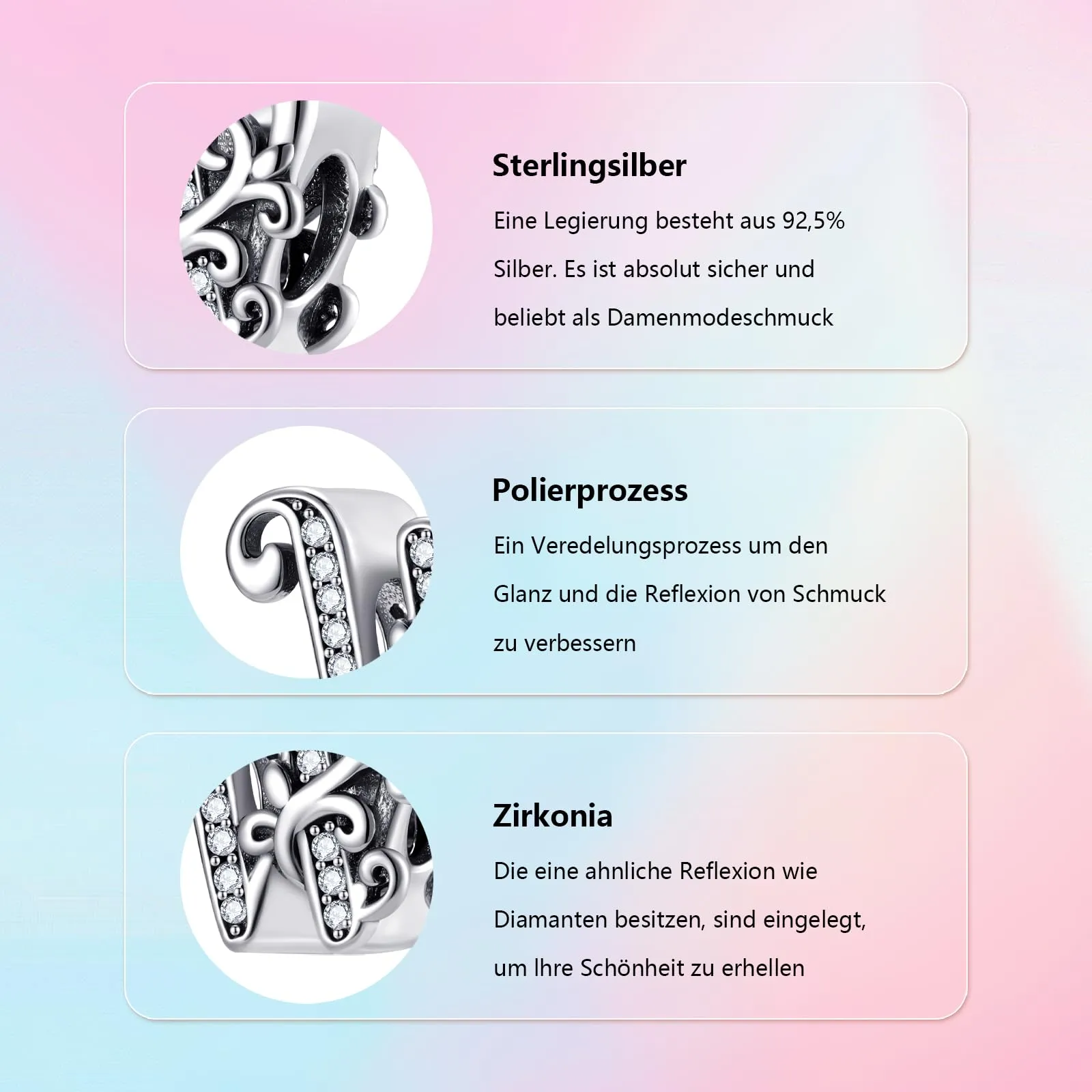 XWN Lettera Bead Charm Ciondolo Alfabeto Argento Sterling 925 con Cubic Zirconia Pendenti per Pandora Braccialetti, Compatibile con Braccialetti e Collane europei - immagine 5