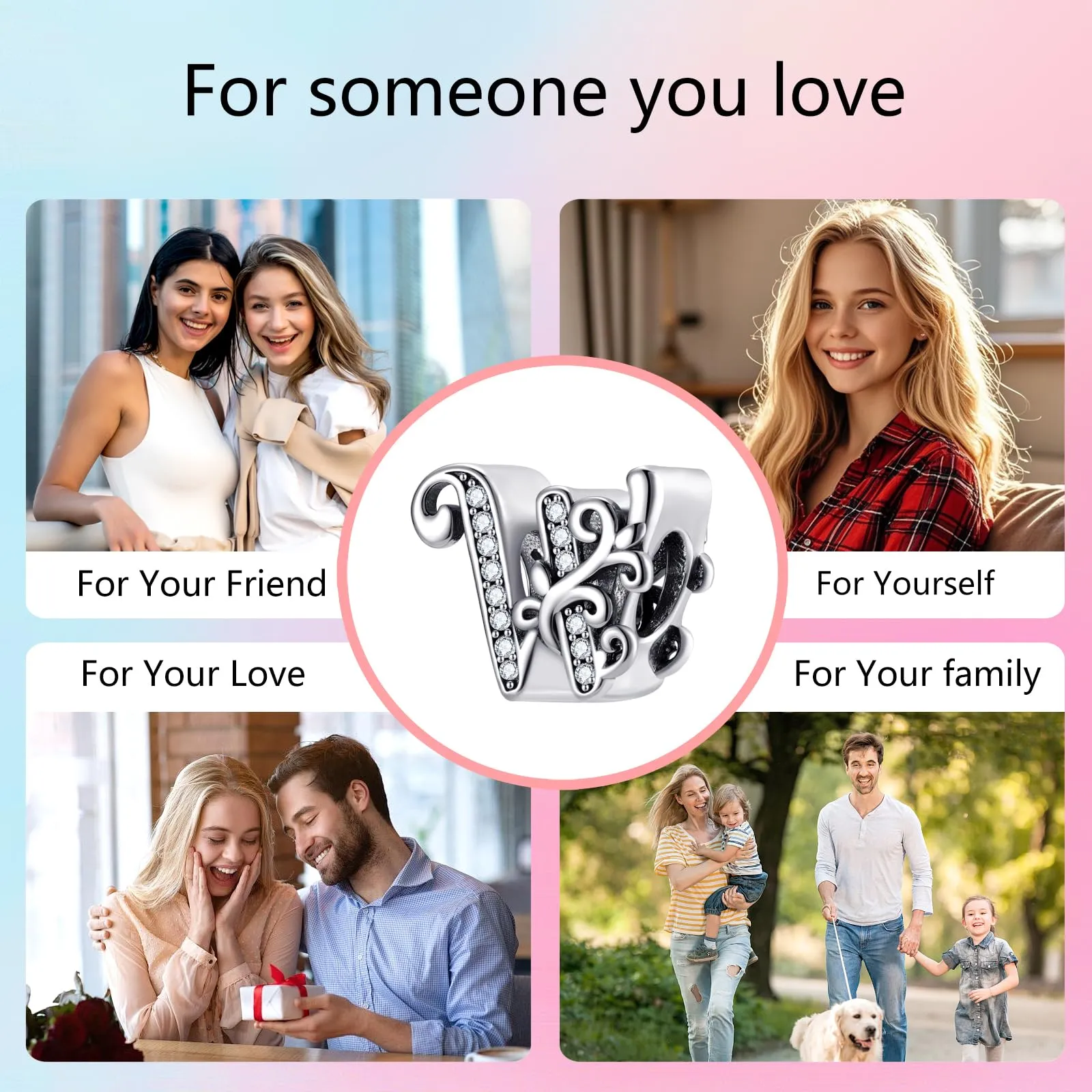 XWN Lettera Bead Charm Ciondolo Alfabeto Argento Sterling 925 con Cubic Zirconia Pendenti per Pandora Braccialetti, Compatibile con Braccialetti e Collane europei - immagine 6
