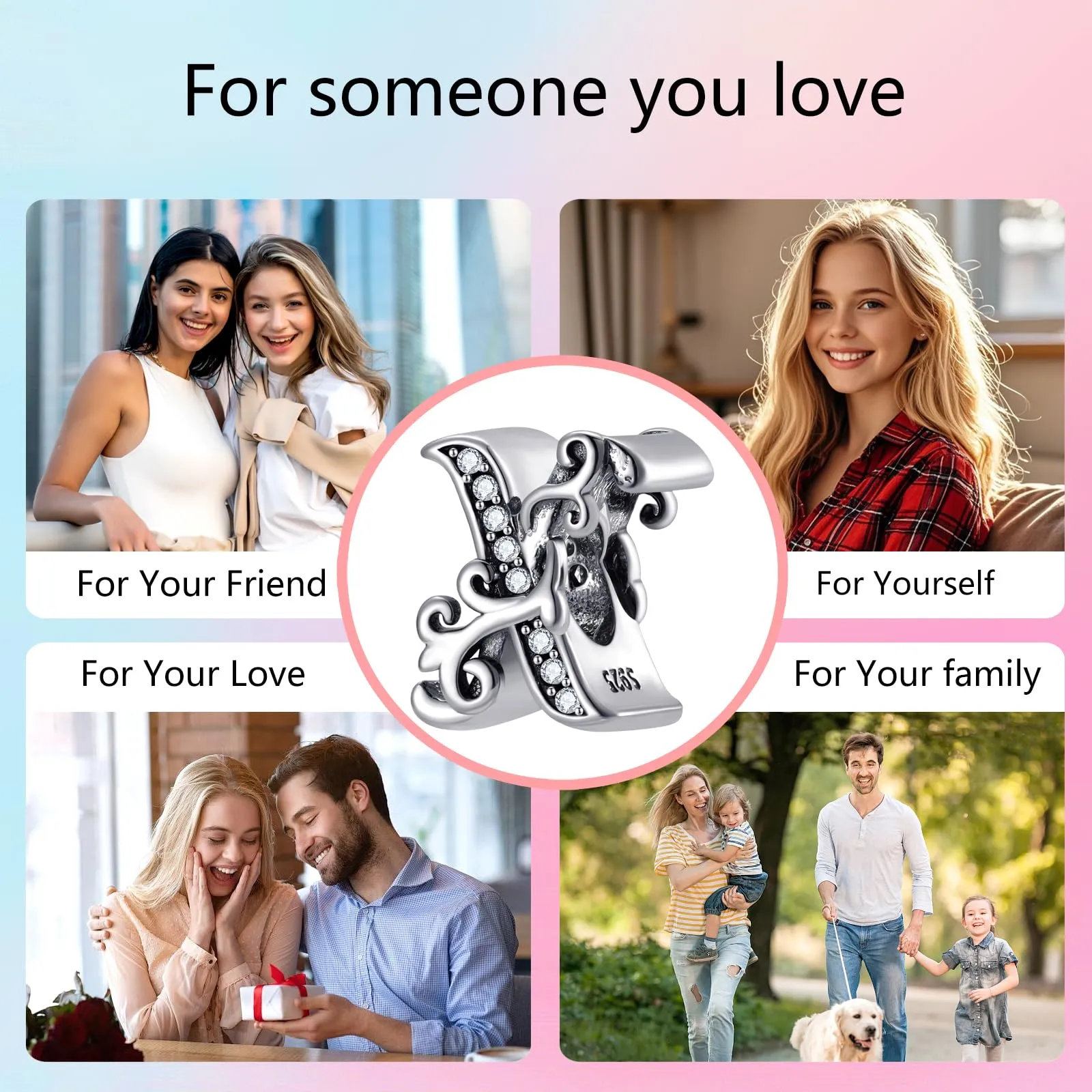 XWN Lettera Bead Charm Ciondolo Alfabeto Argento Sterling 925 con Cubic Zirconia Pendenti per Pandora Braccialetti, Compatibile con Braccialetti e Collane europei - immagine 6