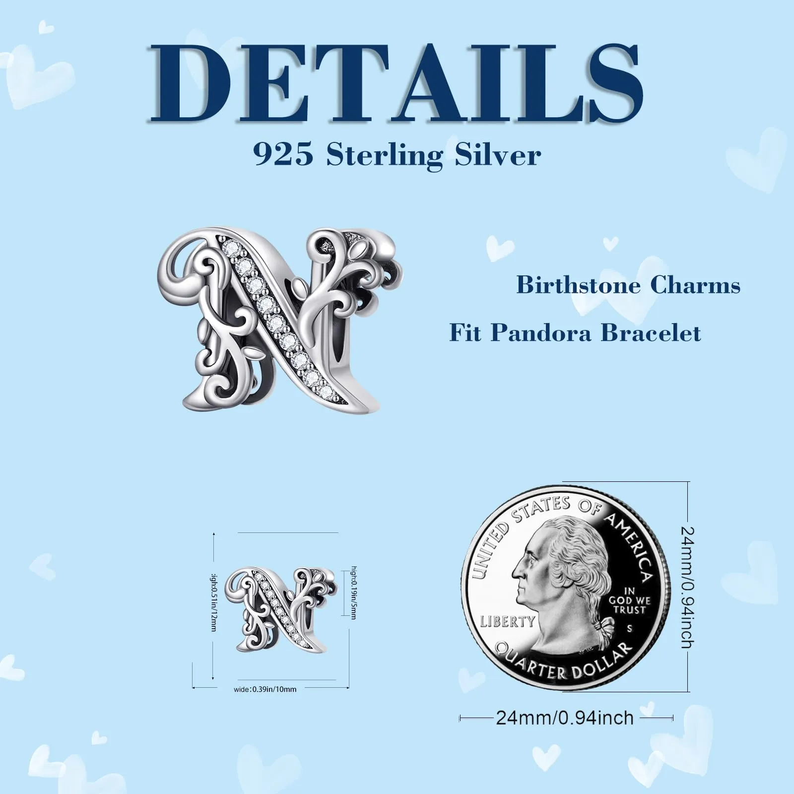 XWN Lettera Bead Charm Ciondolo Alfabeto Argento Sterling 925 con Cubic Zirconia Pendenti per Pandora Braccialetti, Compatibile con Braccialetti e Collane europei - immagine 6