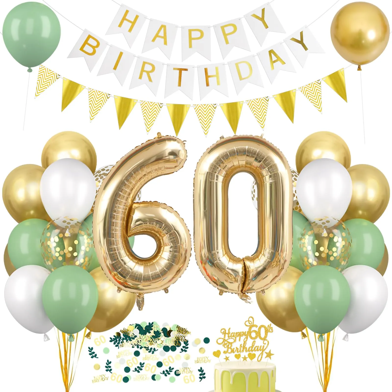 Decorazione per il 60° Compleanno Verde Oro, Palloncini 60 Anni Compleanno, Happy Birthday Ghirlanda Palloncino Decorazioni per Festa di 60 Compleanno Uomini Donne - immagine 1