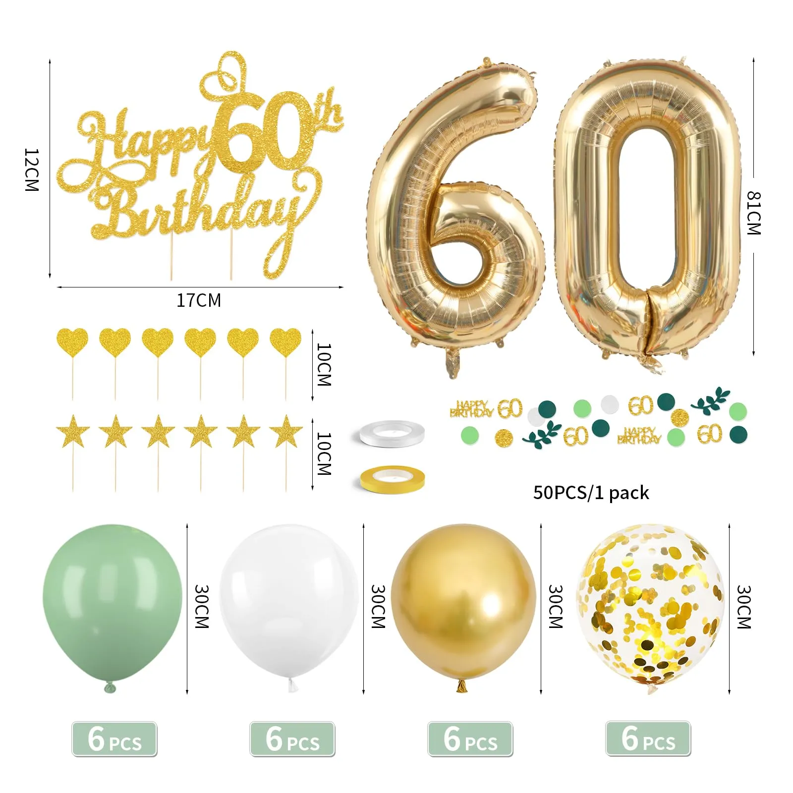 Decorazione per il 60° Compleanno Verde Oro, Palloncini 60 Anni Compleanno, Happy Birthday Ghirlanda Palloncino Decorazioni per Festa di 60 Compleanno Uomini Donne - immagine 2