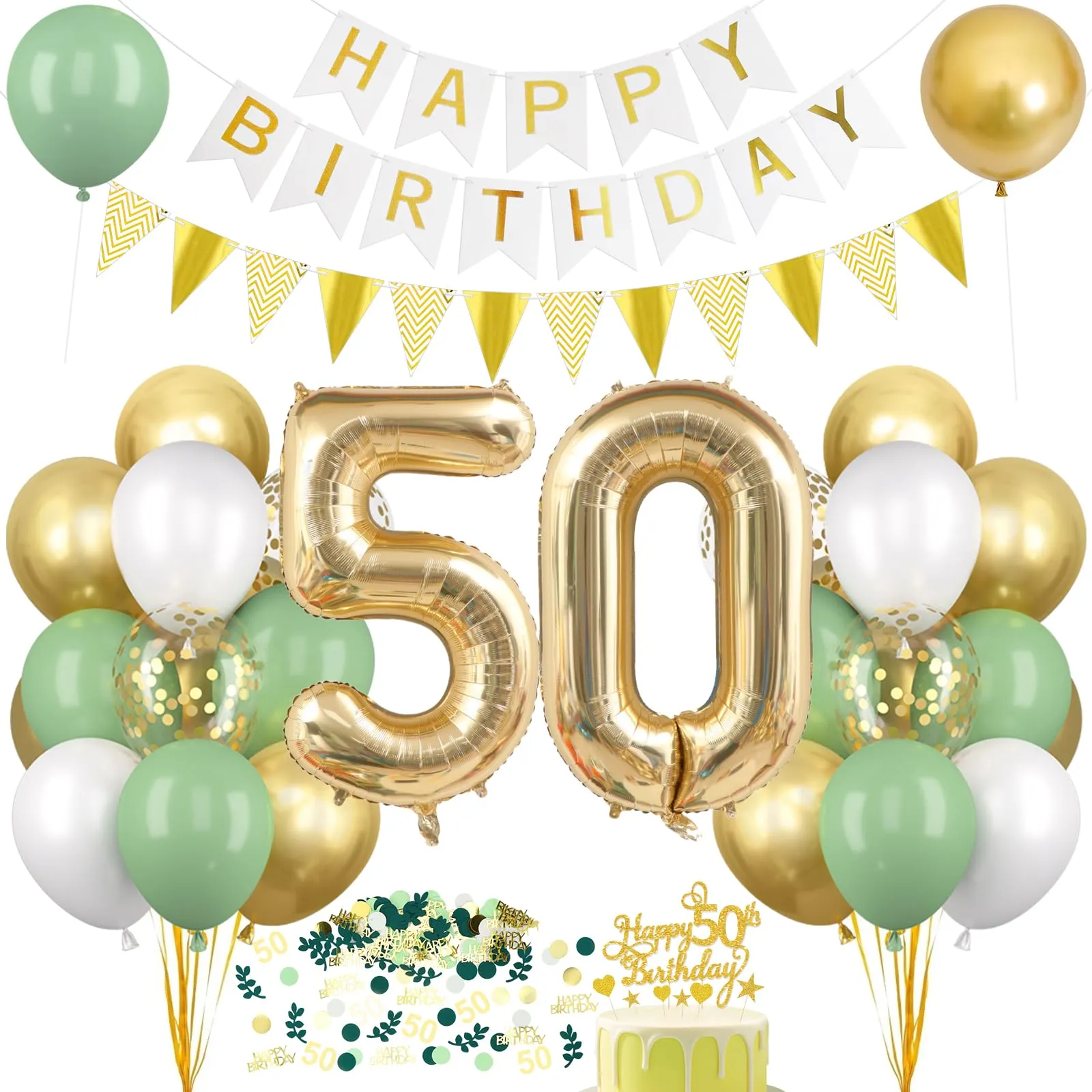 Decorazione per il 50° Compleanno Verde Oro, Palloncini 50 Anni Compleanno, Happy Birthday Ghirlanda Palloncino Decorazioni per Festa di 50 Compleanno Uomini Donne - immagine 1