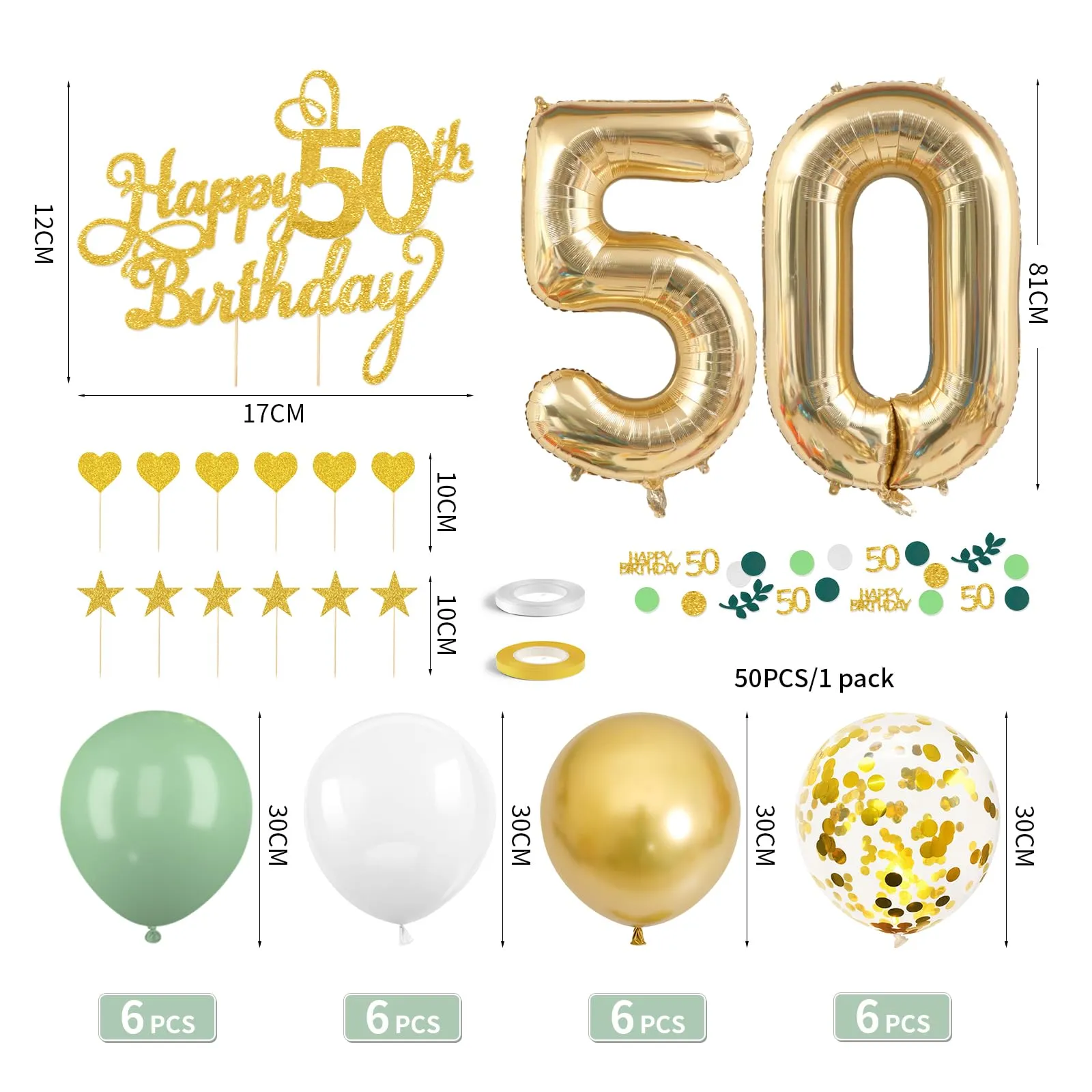 Decorazione per il 50° Compleanno Verde Oro, Palloncini 50 Anni Compleanno, Happy Birthday Ghirlanda Palloncino Decorazioni per Festa di 50 Compleanno Uomini Donne - immagine 2