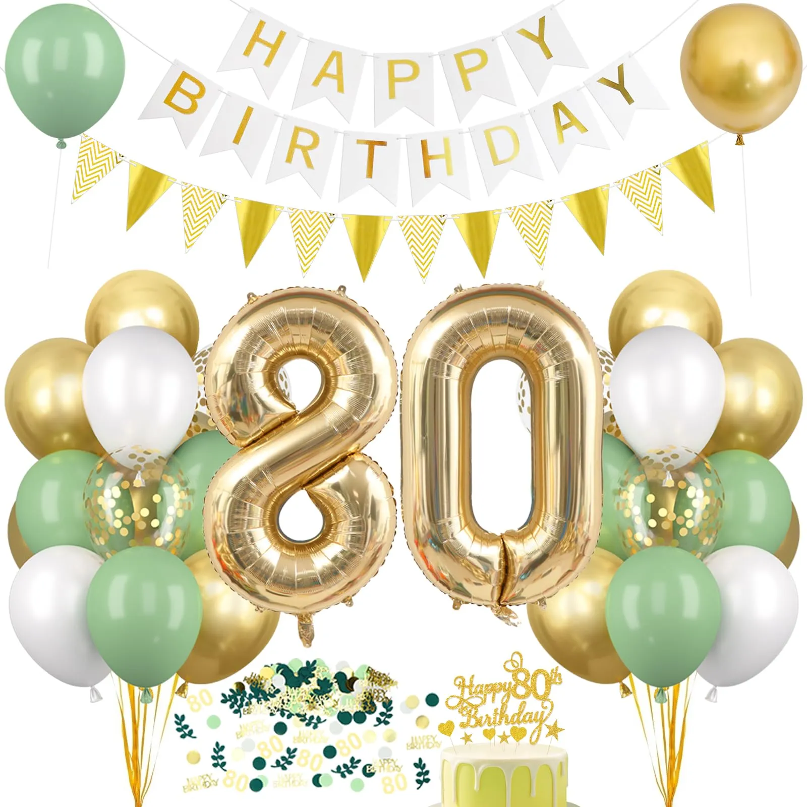 Decorazione Verde Oro per il 80° Compleanno, Palloncini e Happy Birthday Ghirlanda - Decorazioni per Festa Uomini Donne - immagine 1