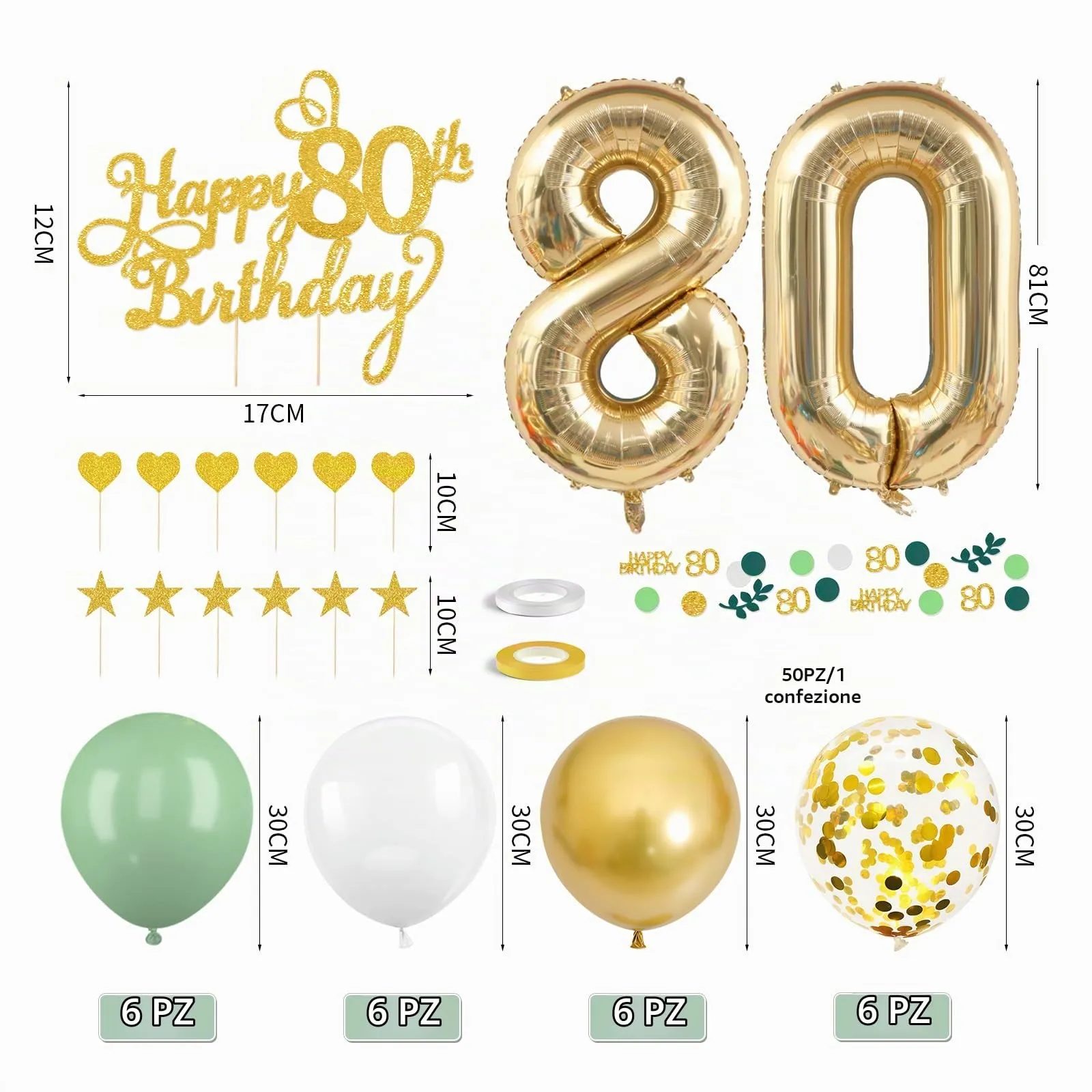 Decorazione Verde Oro per il 80° Compleanno, Palloncini e Happy Birthday Ghirlanda - Decorazioni per Festa Uomini Donne - immagine 2