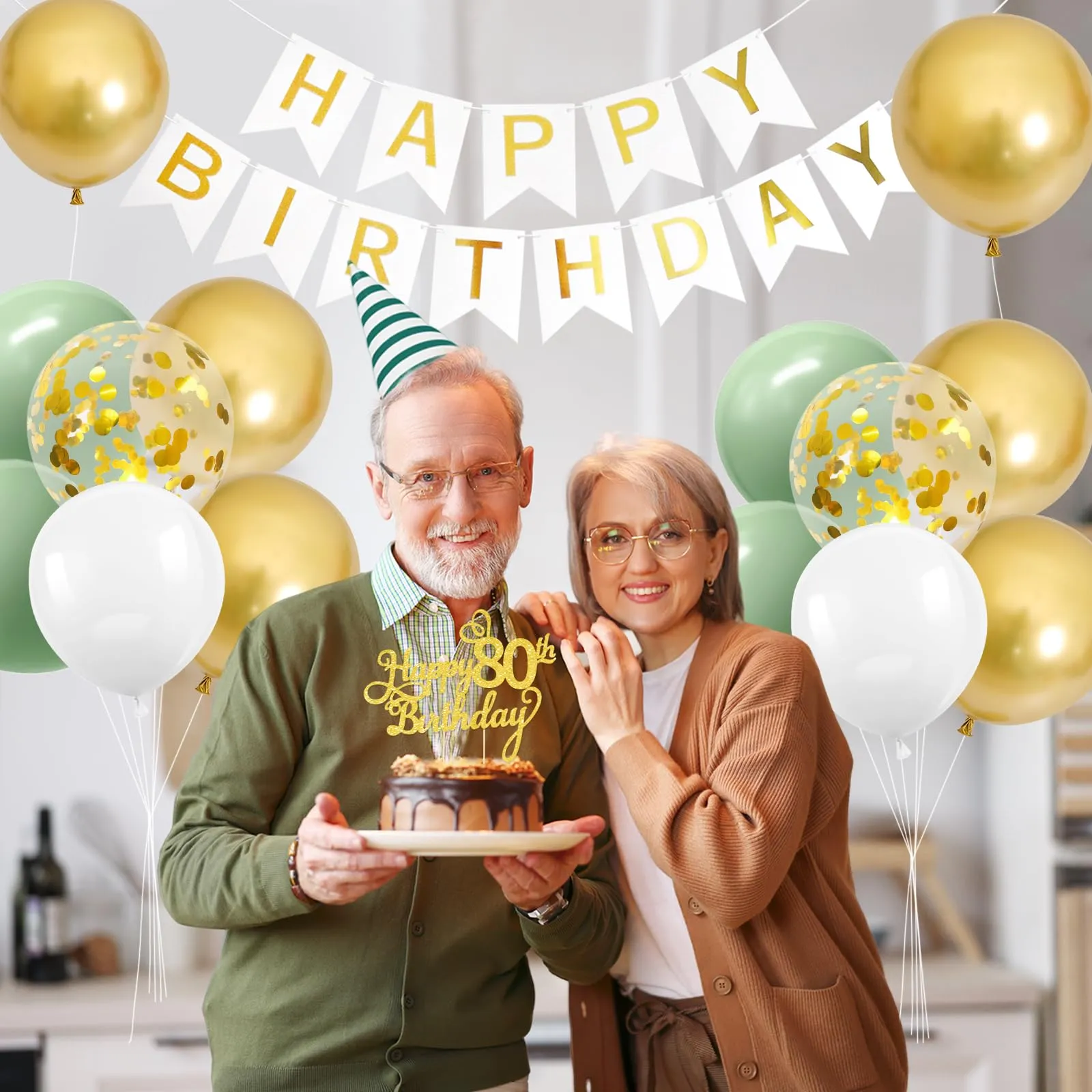 Decorazione Verde Oro per il 80° Compleanno, Palloncini e Happy Birthday Ghirlanda - Decorazioni per Festa Uomini Donne - immagine 5