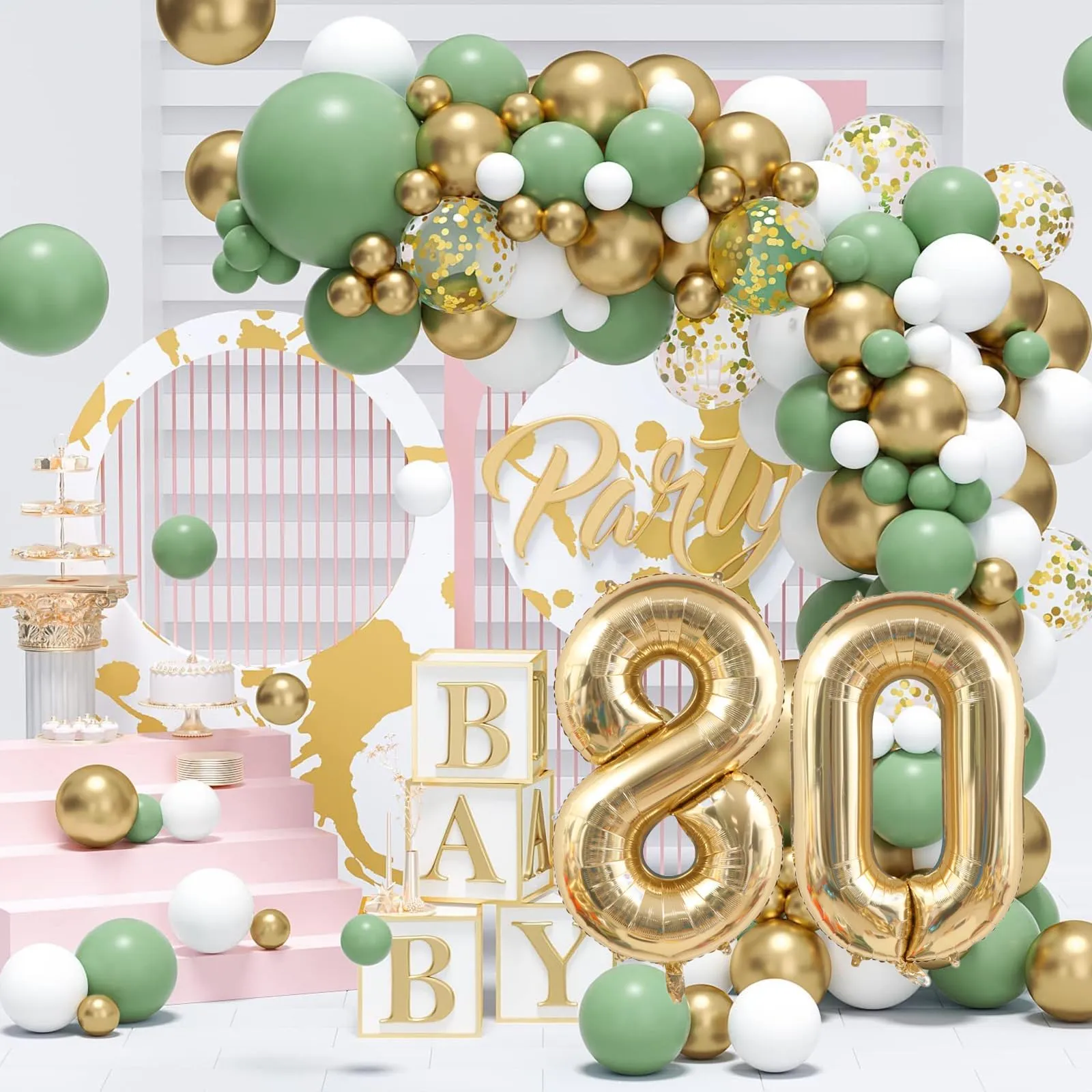 Decorazione Verde Oro per il 80° Compleanno, Palloncini e Happy Birthday Ghirlanda - Decorazioni per Festa Uomini Donne - immagine 6