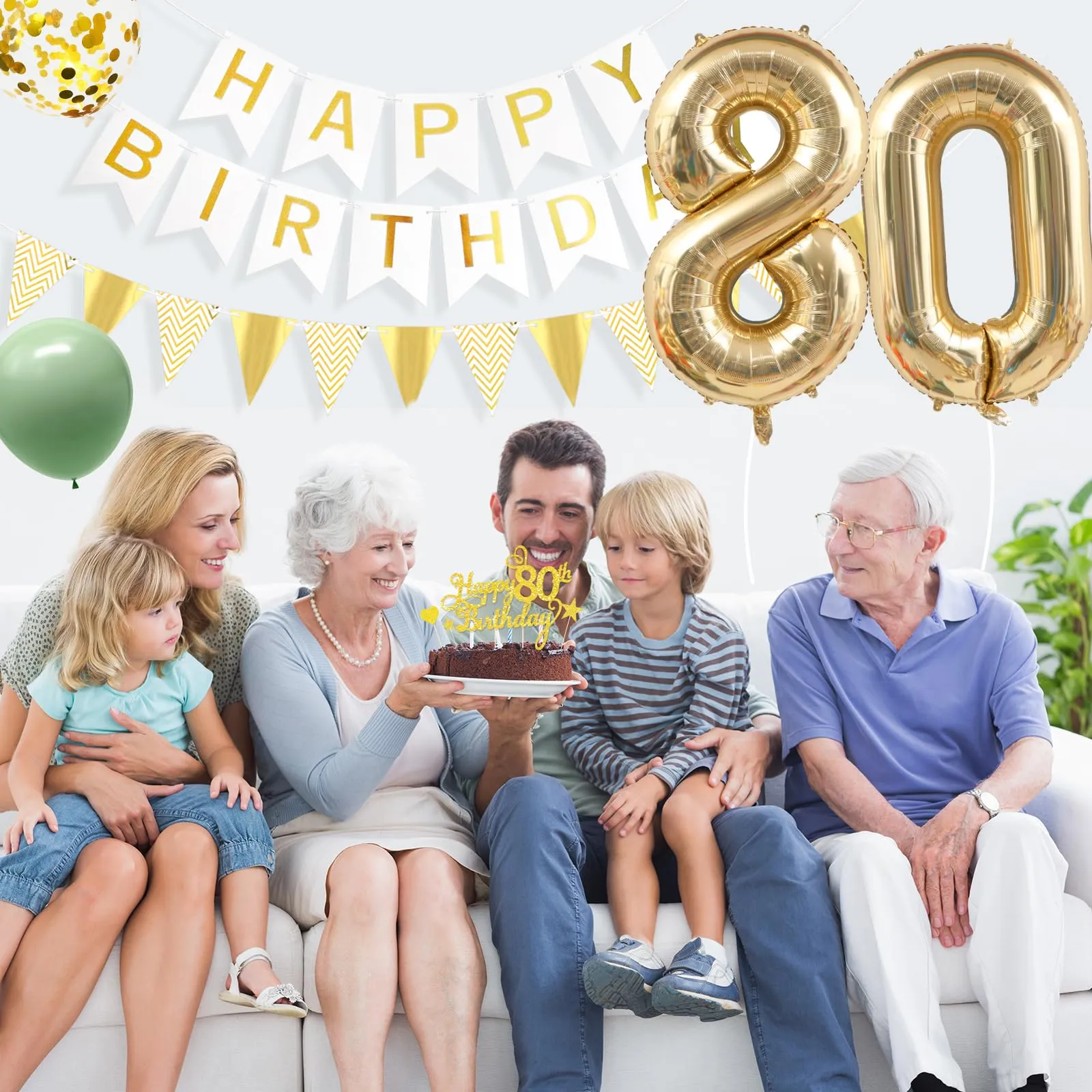 Decorazione Verde Oro per il 80° Compleanno, Palloncini e Happy Birthday Ghirlanda - Decorazioni per Festa Uomini Donne - immagine 7