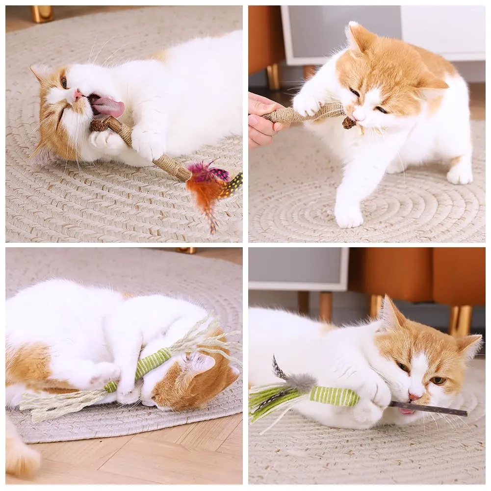 OSDUE Bastoncini Cura Denti per Gatti, 10 Pezzi Dental Stick, Giocattolo di Erba Gatta, Matatabi Stick Contro Alito Cattivo per Dental Care Pratica Bastoncini da Masticare Naturale con Piume - immagine 7