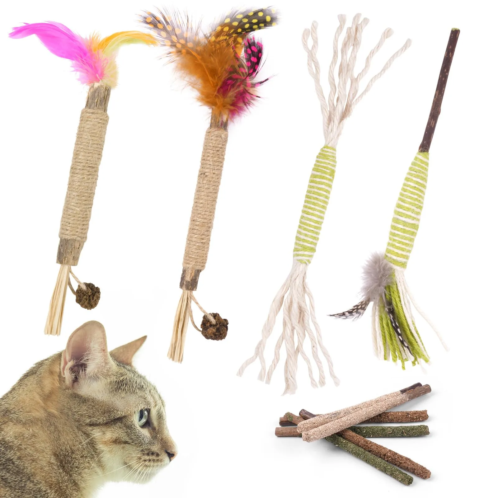 OSDUE Bastoncini Cura Denti per Gatti, 10 Pezzi Dental Stick, Giocattolo di Erba Gatta, Matatabi Stick Contro Alito Cattivo per Dental Care Pratica Bastoncini da Masticare Naturale con Piume - immagine 8