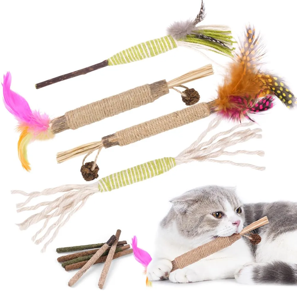 OSDUE Bastoncini Cura Denti per Gatti, 10 Pezzi Dental Stick, Giocattolo di Erba Gatta, Matatabi Stick Contro Alito Cattivo per Dental Care Pratica Bastoncini da Masticare Naturale con Piume - immagine 9