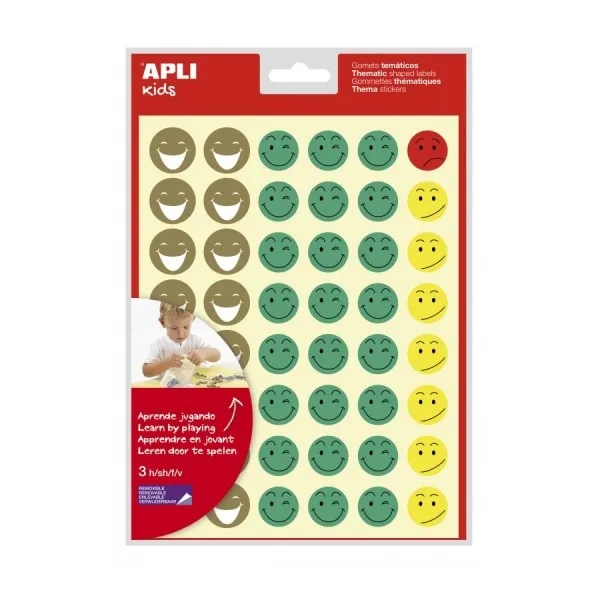 Apli Confezione da 144 adesivi con faccine felici - Adesivo rimovibile - 4 stili di faccine - Promuove la motivazione e l'espressione - Alta qualità e sicurezza - Colori assortiti - immagine 1