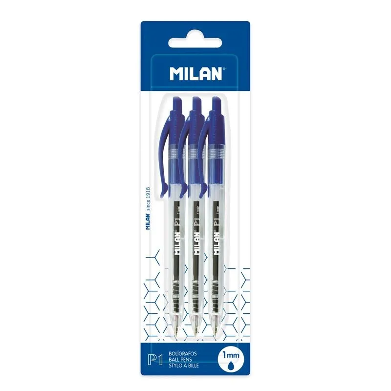 Milan P1 Confezione da 3 Penne a Sfera Retrattile - Punta Tonda da 1 mm - Corpo Trasparente - Colore Blu - immagine 1