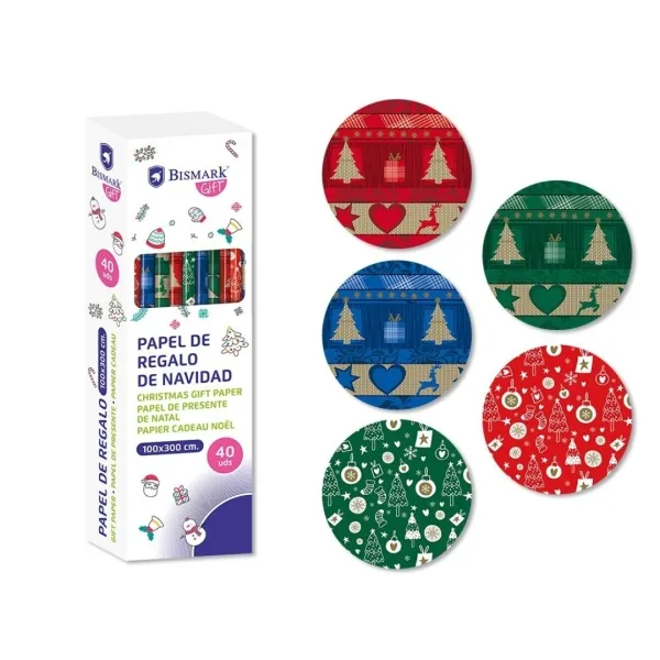 Rotolo di carta da regalo natalizia metallizzata Bismark - Dimensioni: 100 cm x 300 cm - 5 diverse fantasie - immagine 1