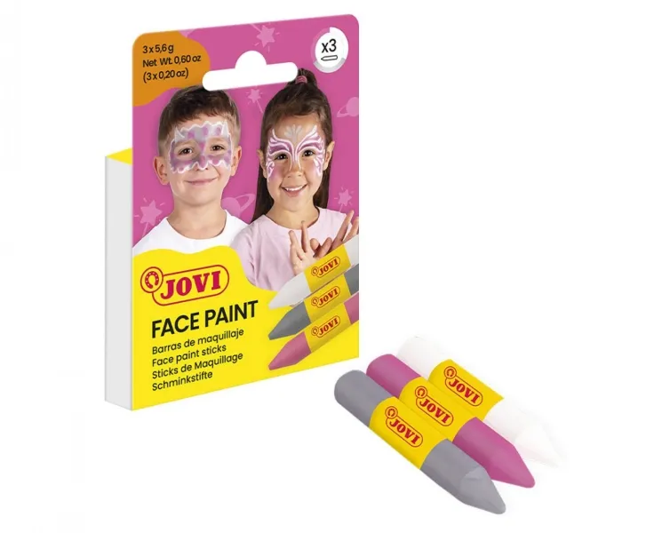 Jovi Face Paint Fantasy Pack da 3 stick per il trucco - Per tutti i tipi di pelle - Si rimuovono facilmente - Colori: Bianco Rosa e Grigio - immagine 1