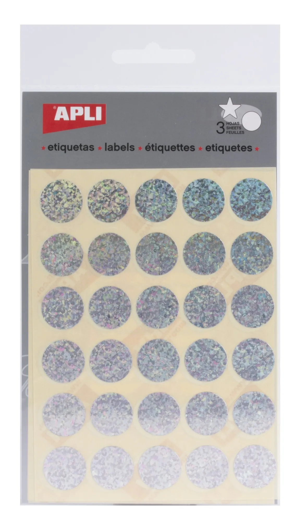 Apli Gomet Olografici Rotondi Ø 20mm - Adesivo Permanente - 90 Gomet in 3 Fogli - Sviluppo di Competenze e Creatività - Standard di Qualità e Sicurezza - Riciclabile - immagine 1
