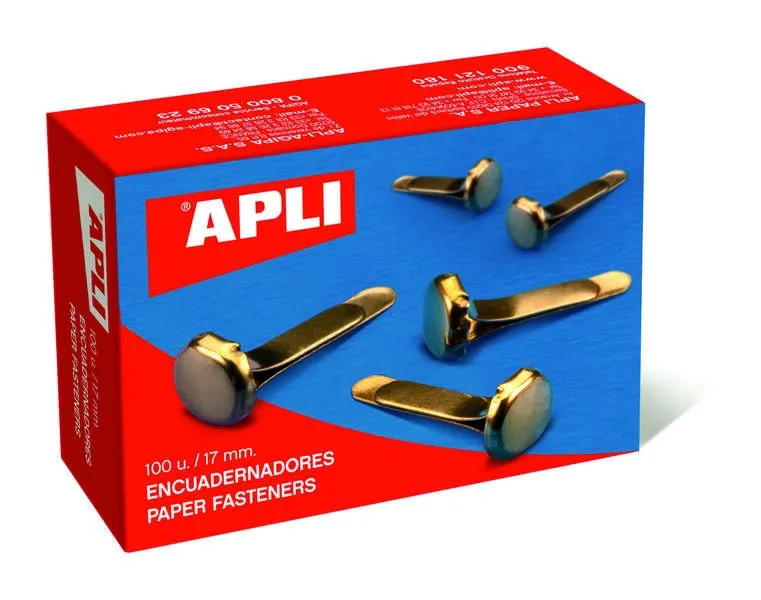 Apli Scatola da 100 fermagli metallici per rilegatura da 12 mm senza rondelle - Adatti a tutti i tipi di documenti - Ideali per rilegature e lavori artigianali - Colore oro - immagine 1