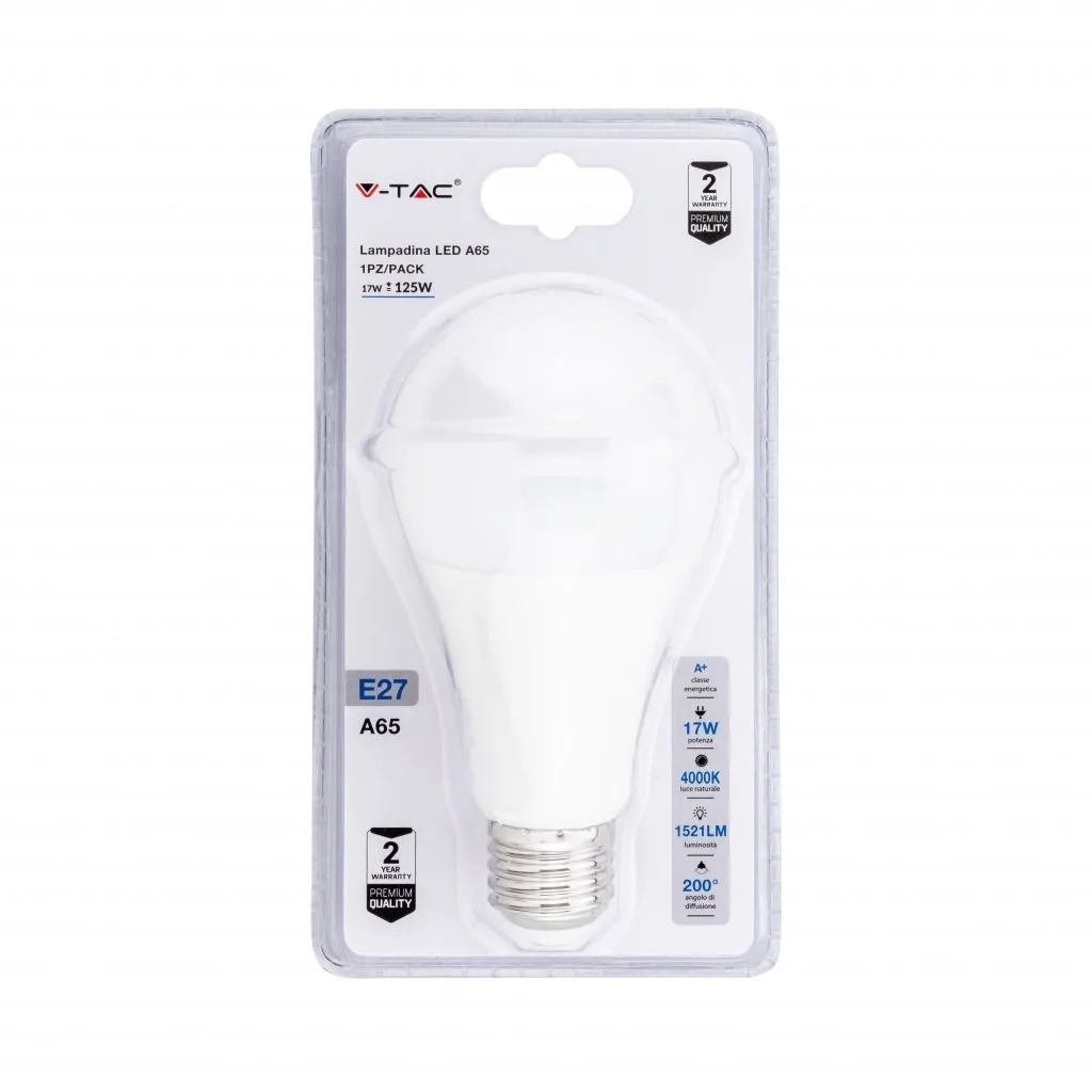 V-TAC Lampadina LED E27 17W A65 4000K (Blister 1 Pezzo) - immagine 1