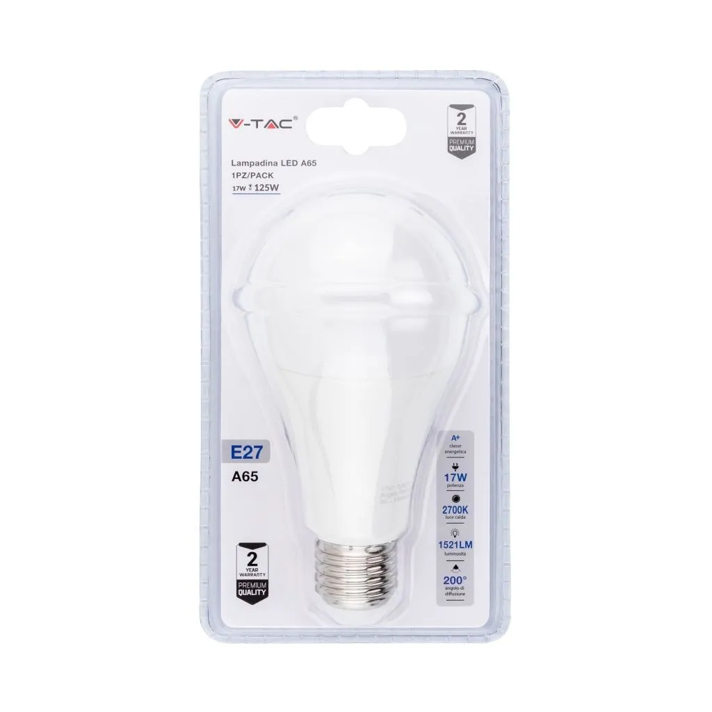 V-TAC Lampadina LED E27 17W A65 3000K (Blister 1 Pezzo) - immagine 1