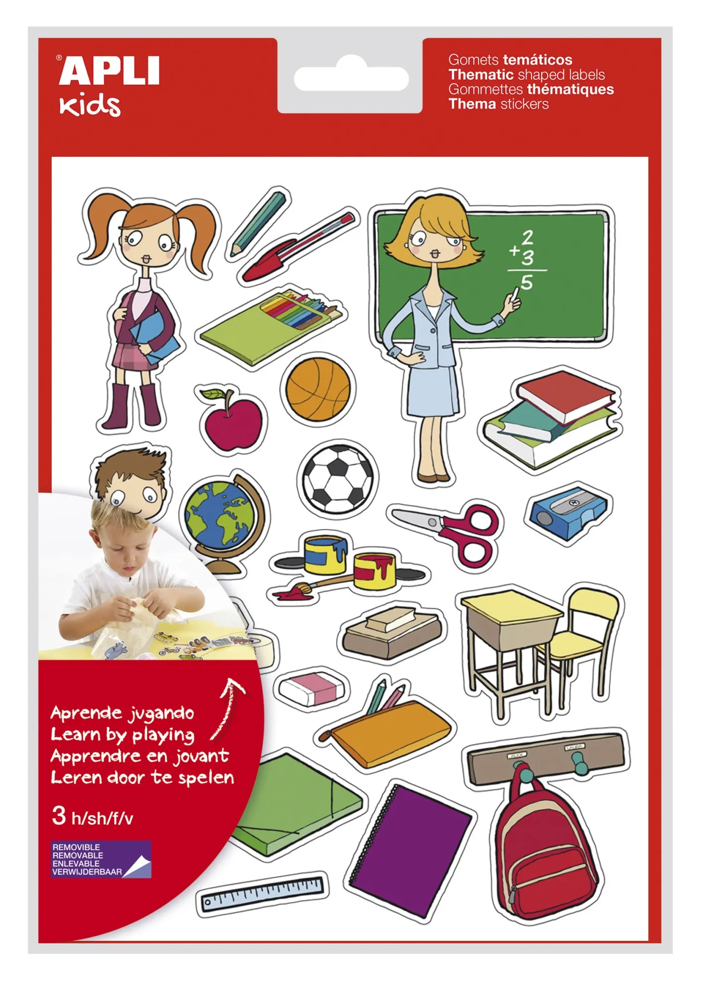 Borsa Apli di adesivi a tema scolastico - 78 adesivi in ??3 fogli - Adesivo rimovibile - Illustrazioni educative - Adesivo a base acqua - Senza solventi - Colorato - immagine 1