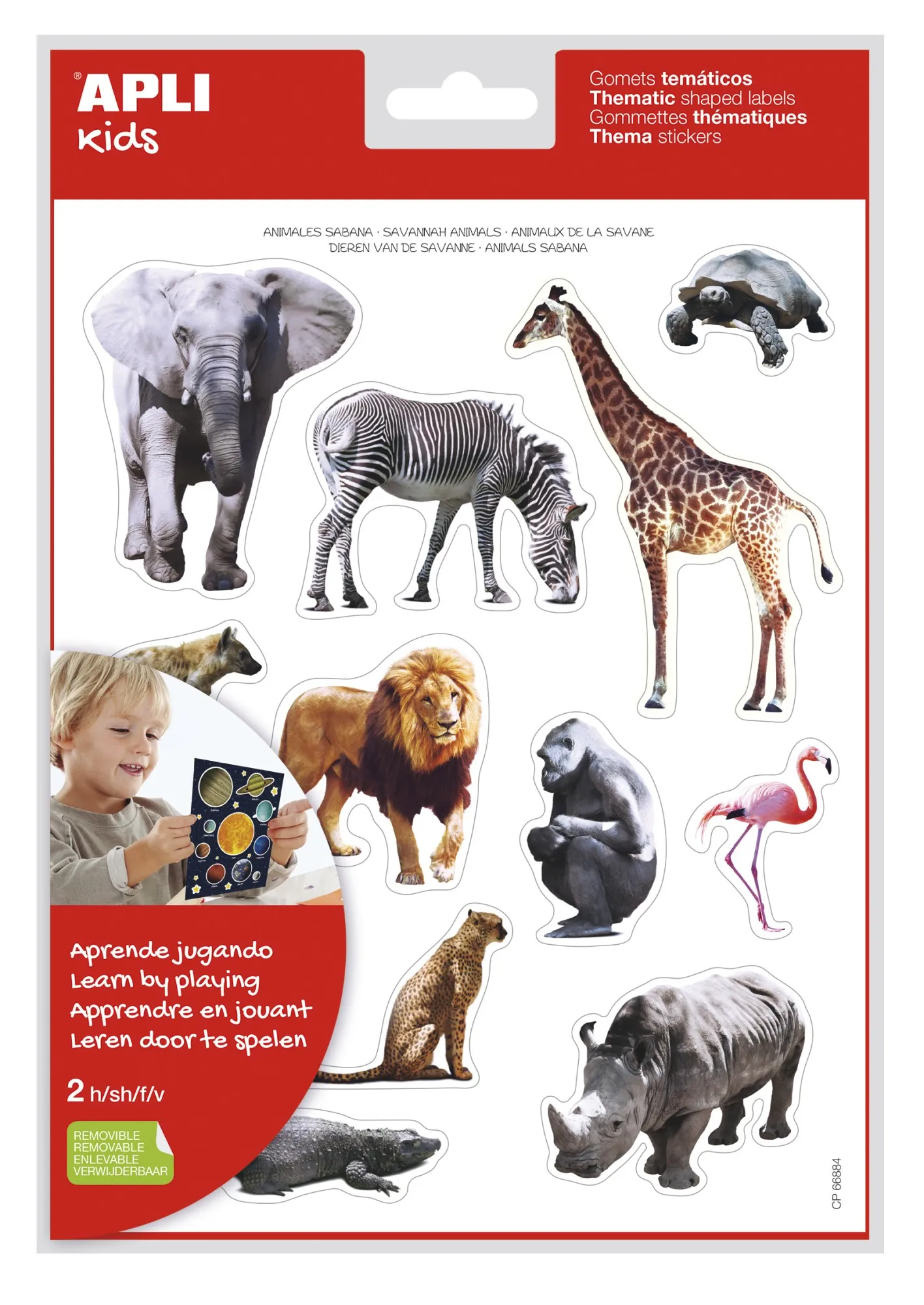 Apli Thematic Gomets Realistici Animali della Savana - 24 Gomets - Adesivo Removibile - Sviluppato con Educatori - Ideale per la Motricità - Adesivo a Base Acqua - Senza Solventi - Colorato - immagine 1