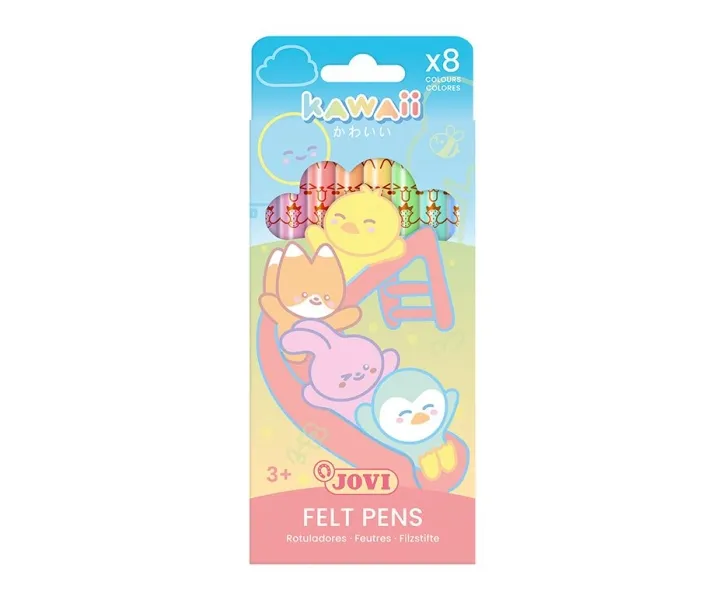 Confezione di pennarelli Jovi Kawaii con 8 pennarelli punta media da 3 mm cappuccio di sicurezza ventilato impugnatura triangolare ergonomica colori assortiti - immagine 1