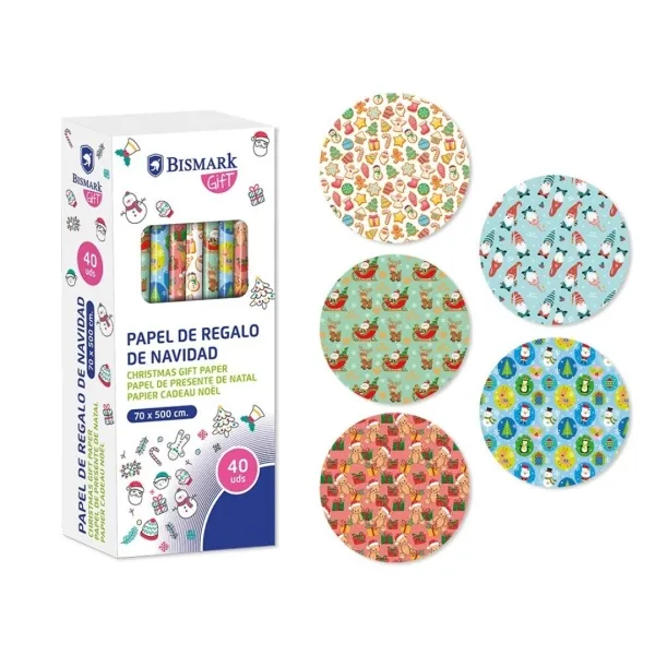 Rotolo di carta da regalo natalizia Bismark con giocattoli - Dimensioni: 70 cm x 500 cm - 5 diversi design - immagine 1