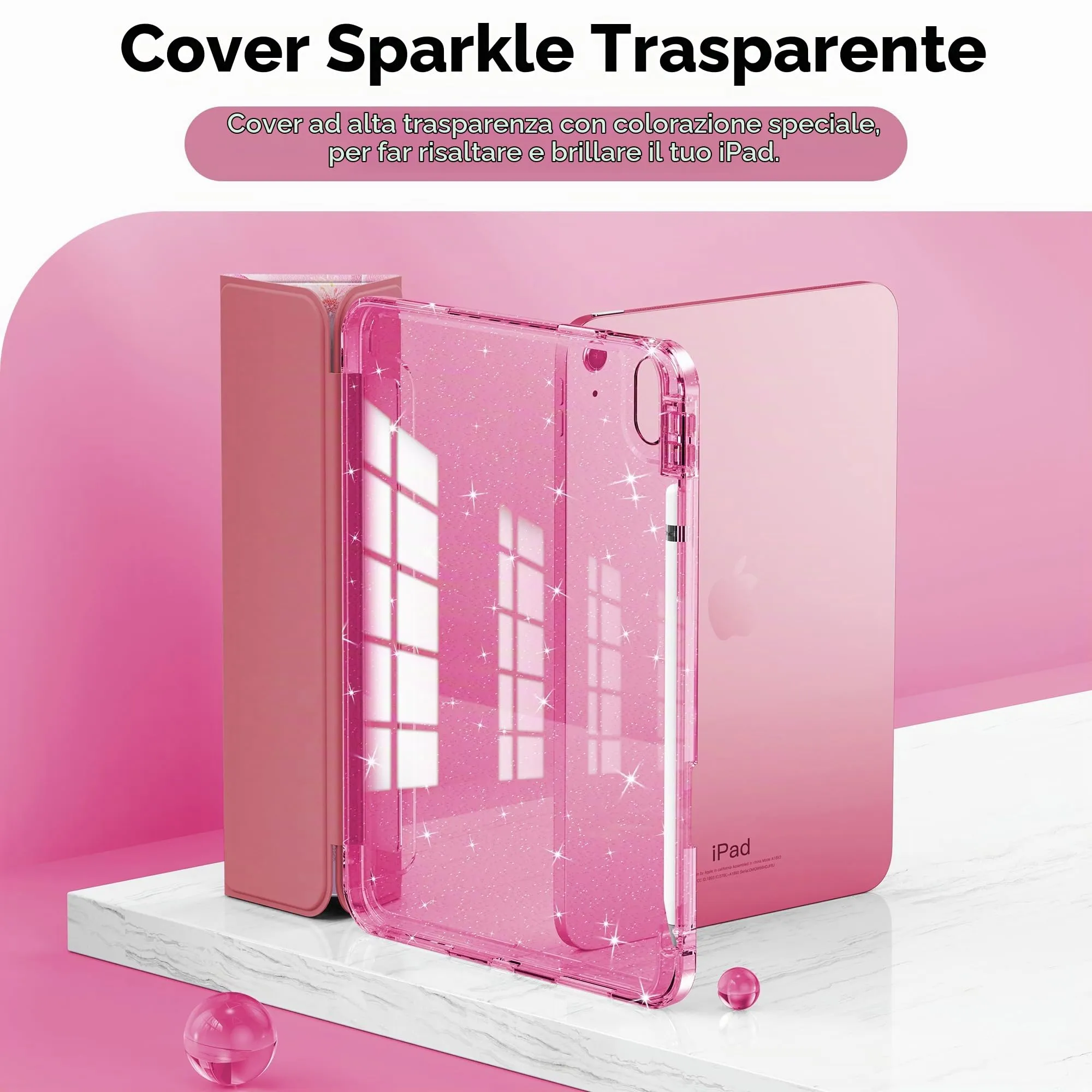 INFILAND Custodia per iPad 11 Generazione A16 11 Pollici 2025/iPad 10 Generazione 10,9 Pollici 2022,Glitterata con Retro Trasparente Brillante, Portapenne, per Bambini e Ragazze (Bagliore Rosa B) - immagine 3