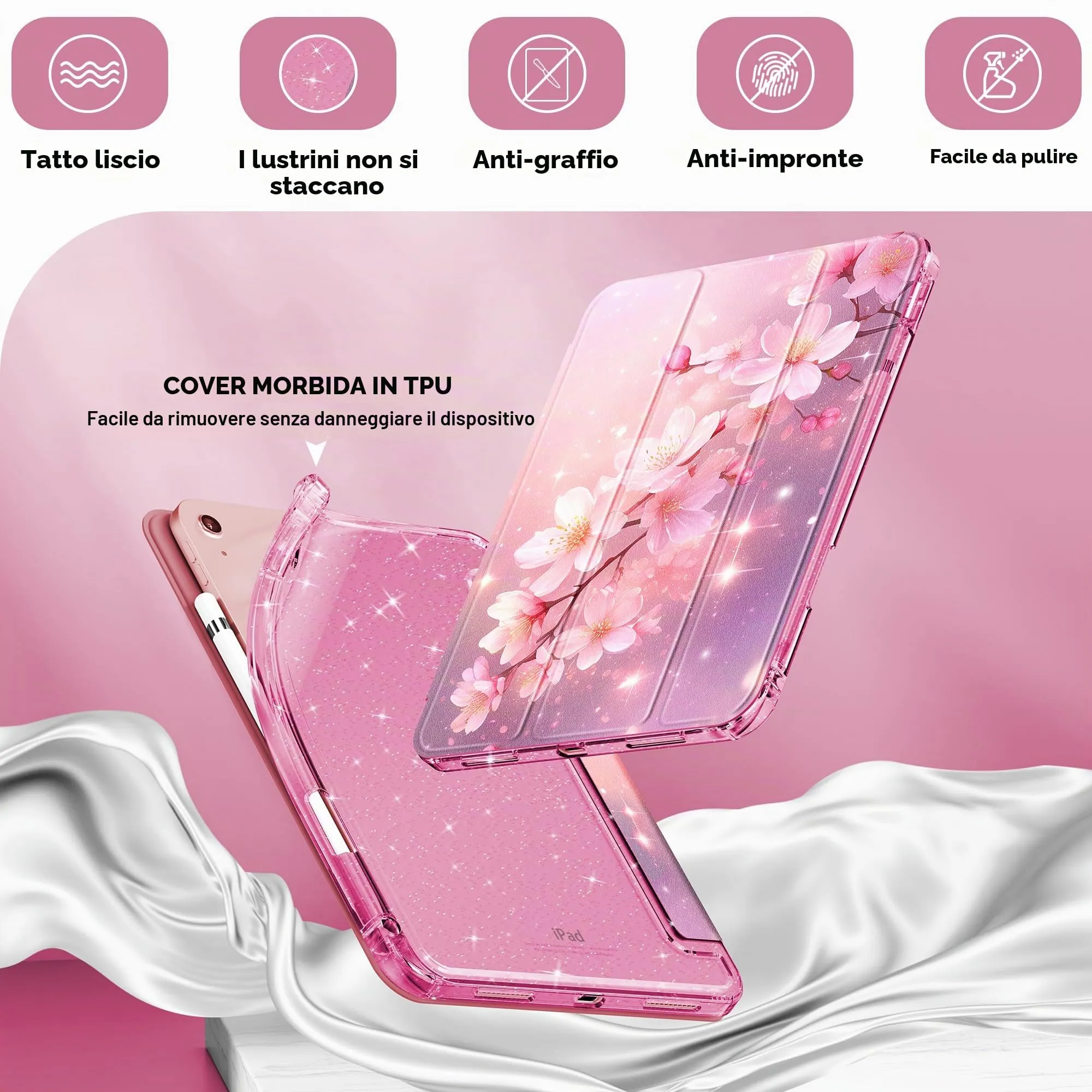INFILAND Custodia per iPad 11 Generazione A16 11 Pollici 2025/iPad 10 Generazione 10,9 Pollici 2022,Glitterata con Retro Trasparente Brillante, Portapenne, per Bambini e Ragazze (Bagliore Rosa B) - immagine 4
