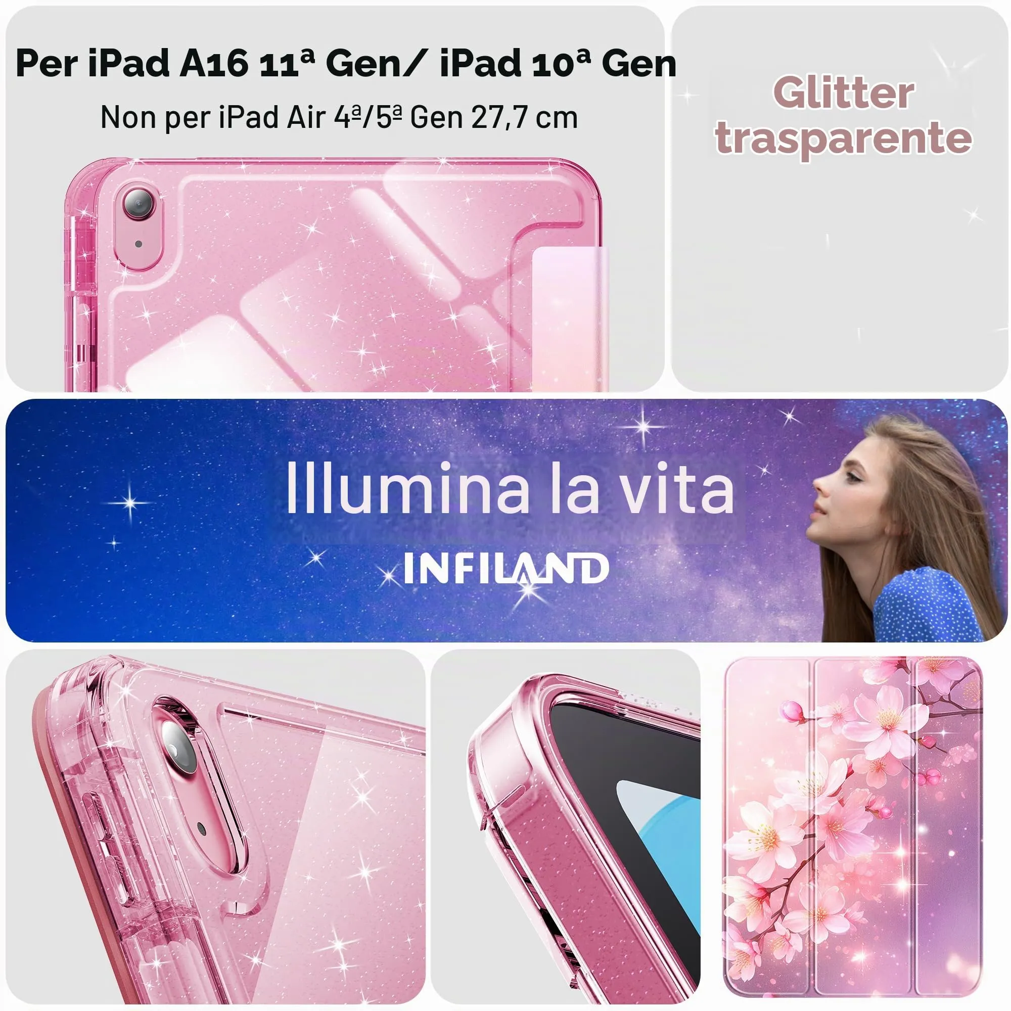 INFILAND Custodia per iPad 11 Generazione A16 11 Pollici 2025/iPad 10 Generazione 10,9 Pollici 2022,Glitterata con Retro Trasparente Brillante, Portapenne, per Bambini e Ragazze (Bagliore Rosa B) - immagine 7