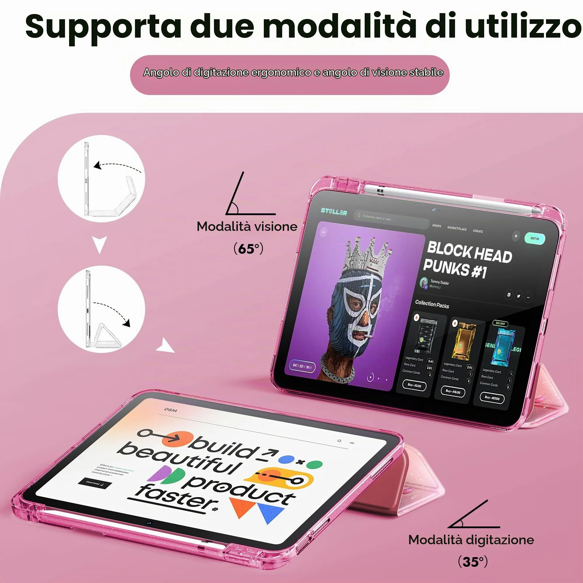 INFILAND Custodia per iPad 11 Generazione A16 11 Pollici 2025/iPad 10 Generazione 10,9 Pollici 2022,Glitterata con Retro Trasparente Brillante, Portapenne, per Bambini e Ragazze (Bagliore Rosa B) - immagine 8